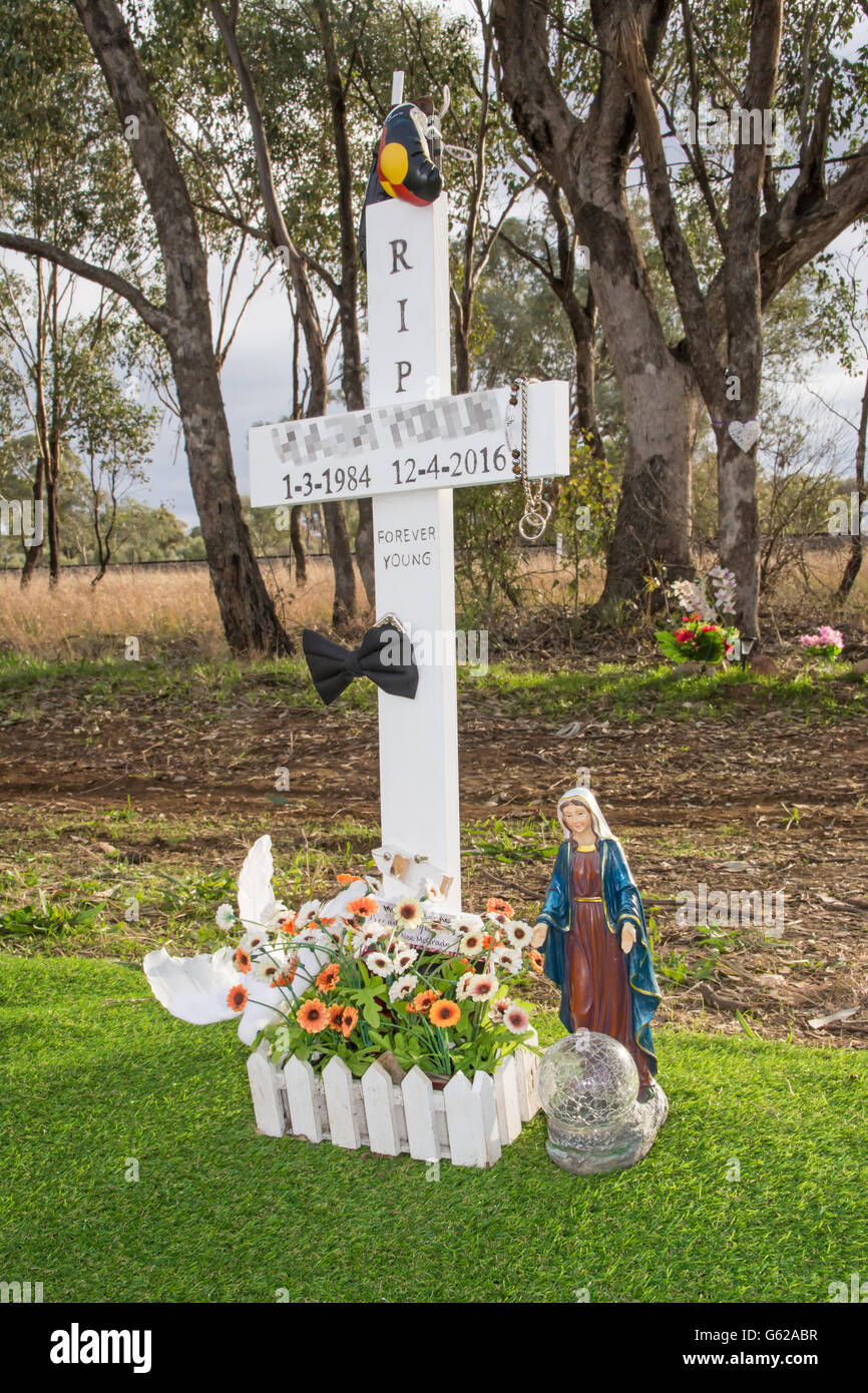 Roadside memorial for a vehicle collision victim. Stock Photo