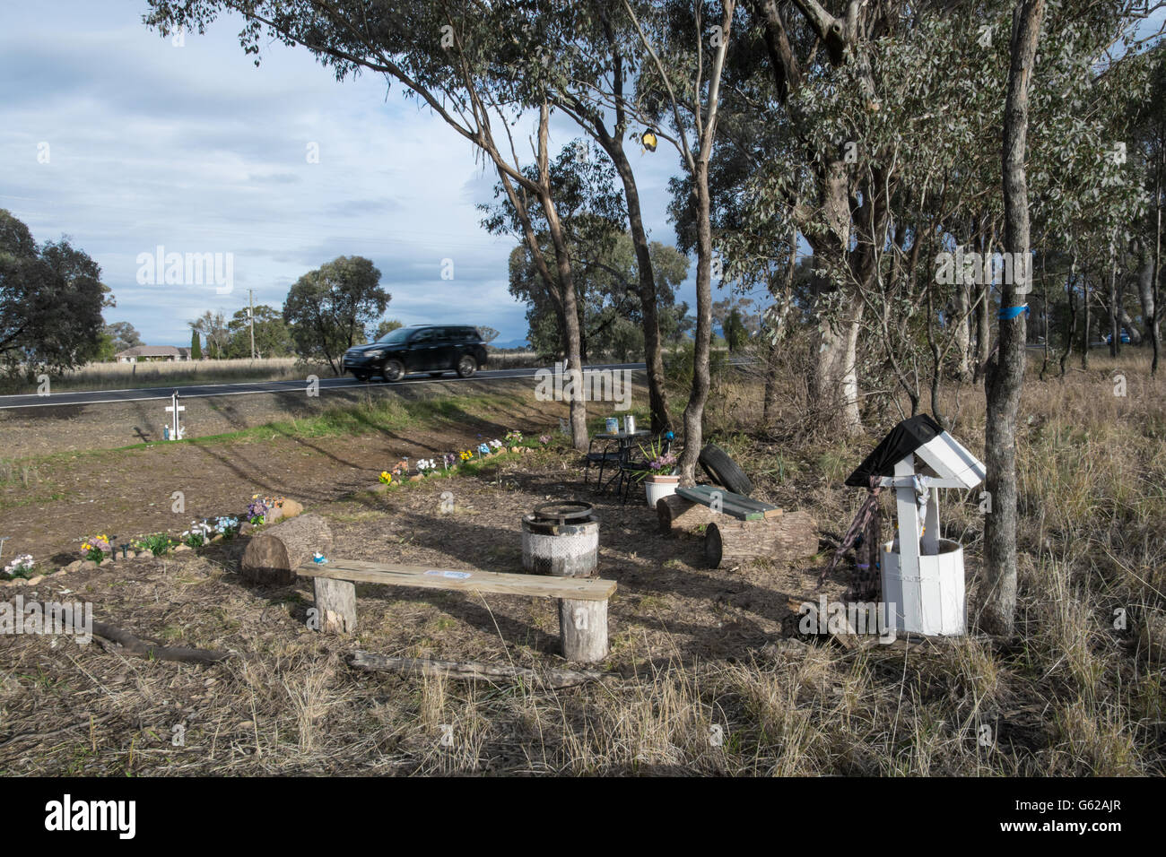 Roadside Memorial with barbecue,seating and a wishing well in rural NSW Australia. Stock Photo