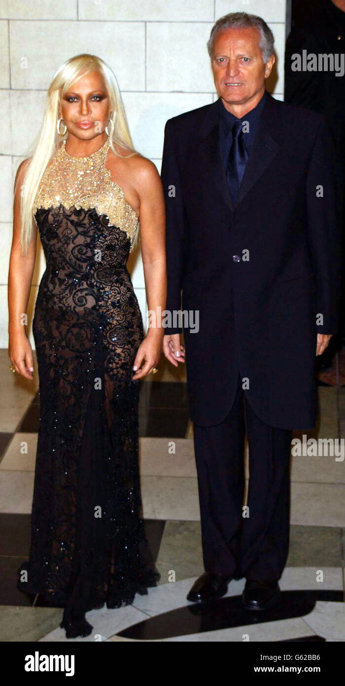 Donatella and Santo Versace arriving for a private view of the Versace at  the V&A exhibition a retrospective collection of their late brother Gianni  Versace's designs at the Victoria and Albert Museum