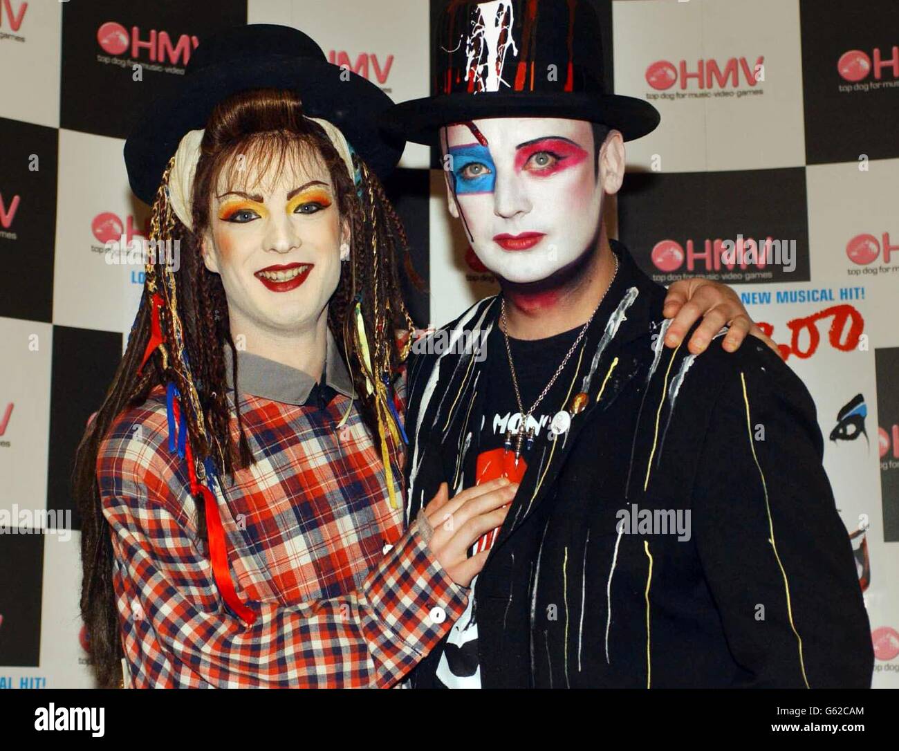 Musician Boy George (right) with actor Euan Morton (who plays George in the musical Taboo) during a signing session for the original cast recording of Taboo at HMV in Oxford Street, London. Stock Photo