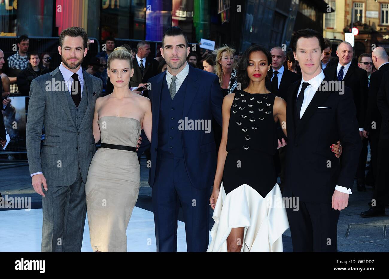 Chris Pine, Alice Eve, Zachary Quinto, Zoe Saldana and Benedict Cumberbatch arriving for the premiere of Star Trek Into Darkness at the Empire Leicester Square, London. Stock Photo