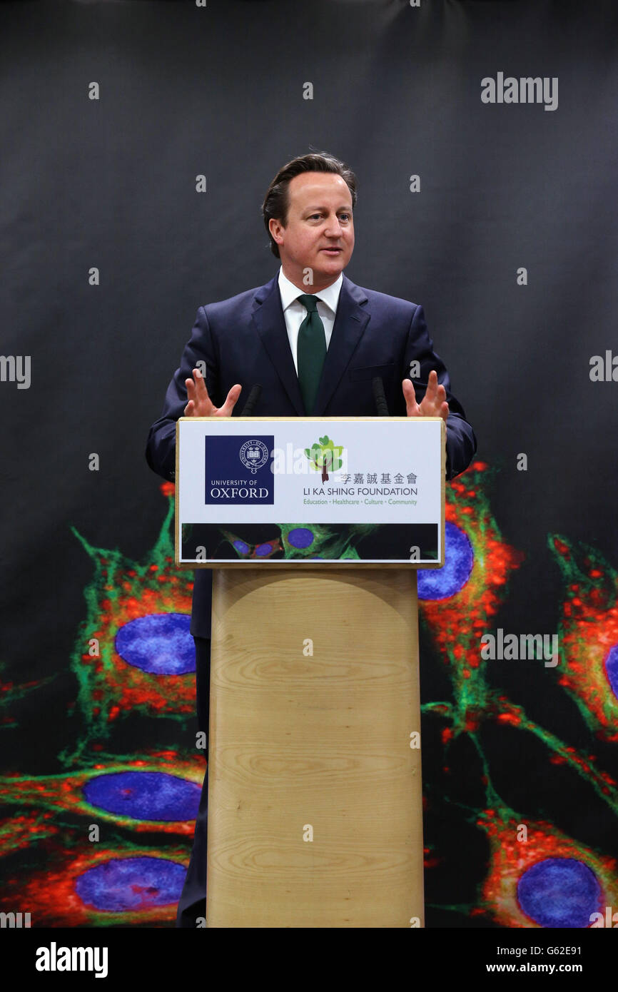 Prime Minister David Cameron addresses an audience in the newly opened 'Li Ka Shing Centre for Health Information and Discovery' at Oxford University. Stock Photo
