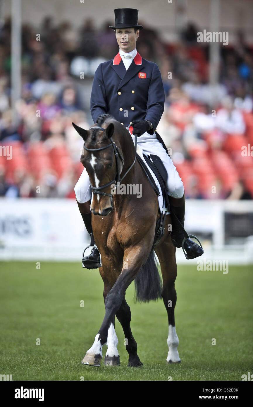 Great Britain's William Fox-Pitt performs on Oslo in the Dressage during day two of the Badminton Horse Trials in Badminton, Gloucestershire. Stock Photo