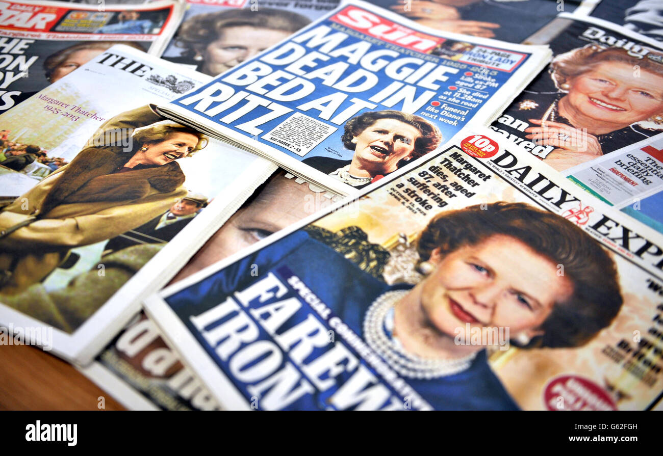 General view of the newspaper coverage from the 09/04/2013 reporting the news that the former British Prime Minister Baroness Margaret Thatcher died following a stroke at The Ritz Hotel in central London on the 08/04/2013. Thatcher was the UK's first female Prime Minister and was the leader of the Conservative Party. She was elected three times to lead the UK from 1975 before stepping down on the 28th November 1990. Stock Photo