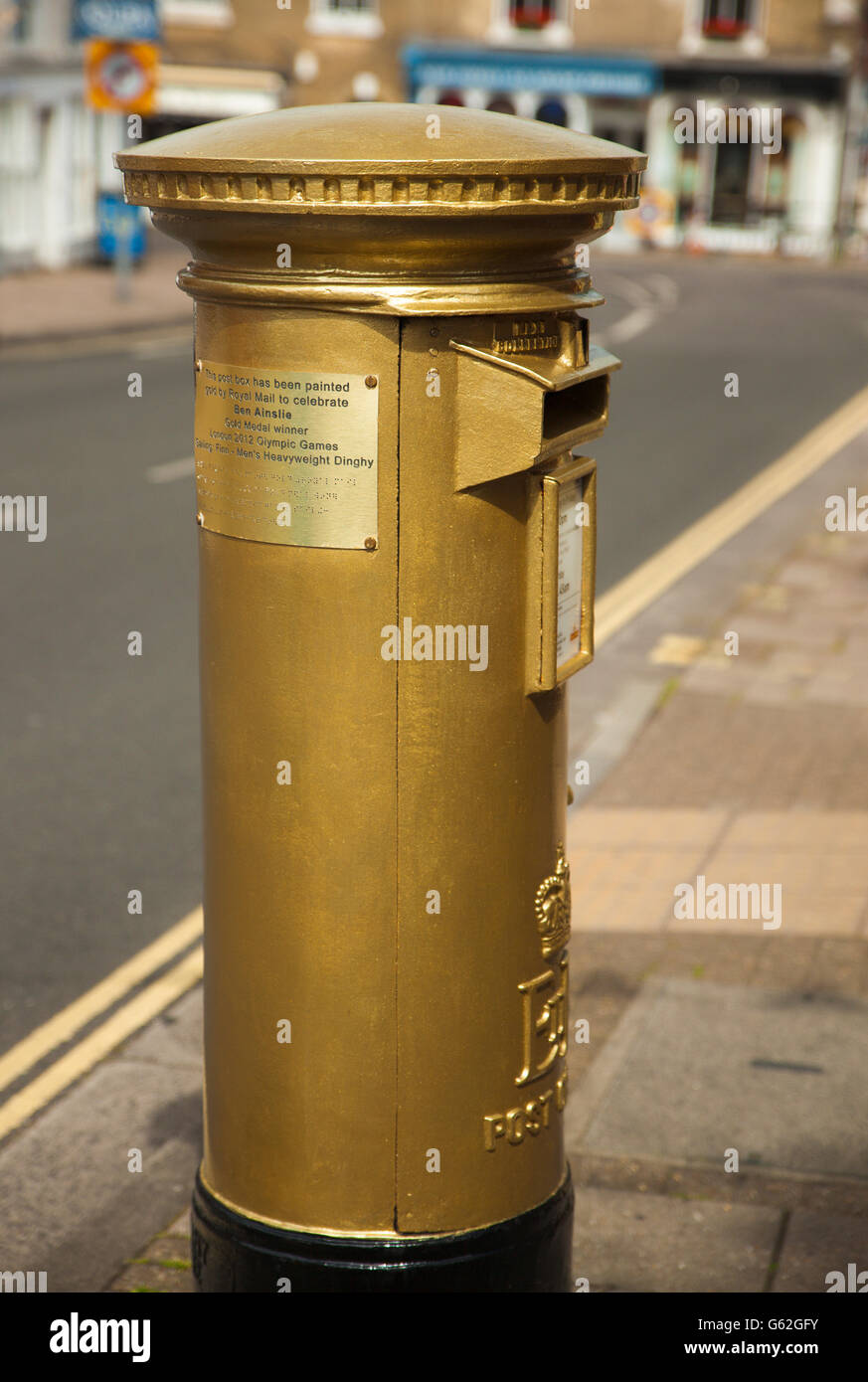 The Ben Ainslie gold post box celebrating his London 2012 Olympic gold medal for sailing, at Lymington. Stock Photo