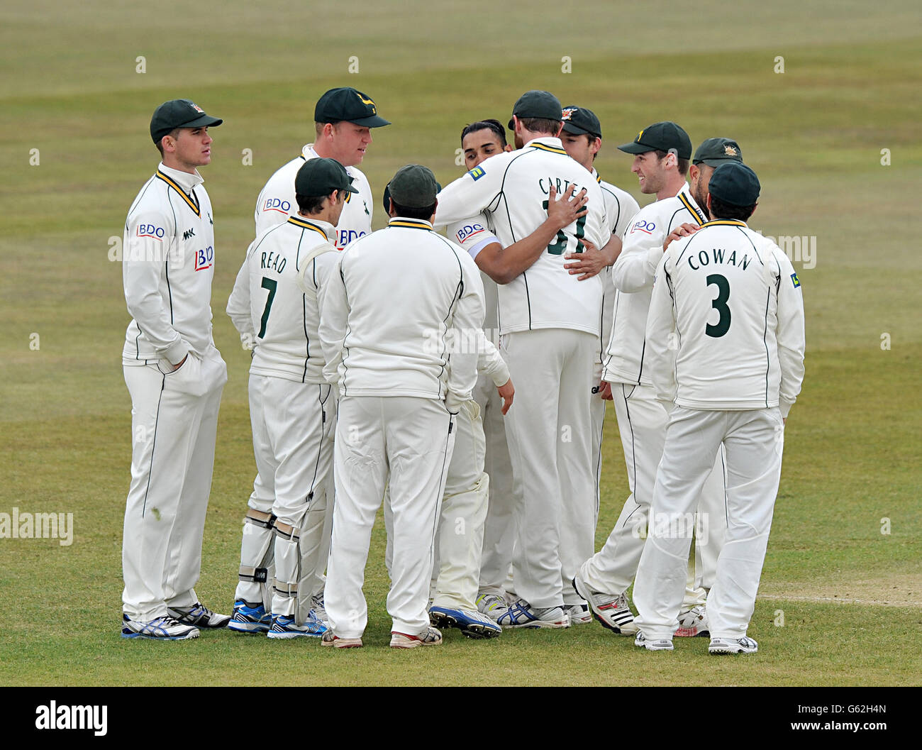 Nottinghamshire's Ajmal Shazad (centre) celebrates with team-mates after taking the wicket of Middlesex's Chris Rogers during the LV=County Championship Division One match at Trent Bridge, Nottingham. Stock Photo