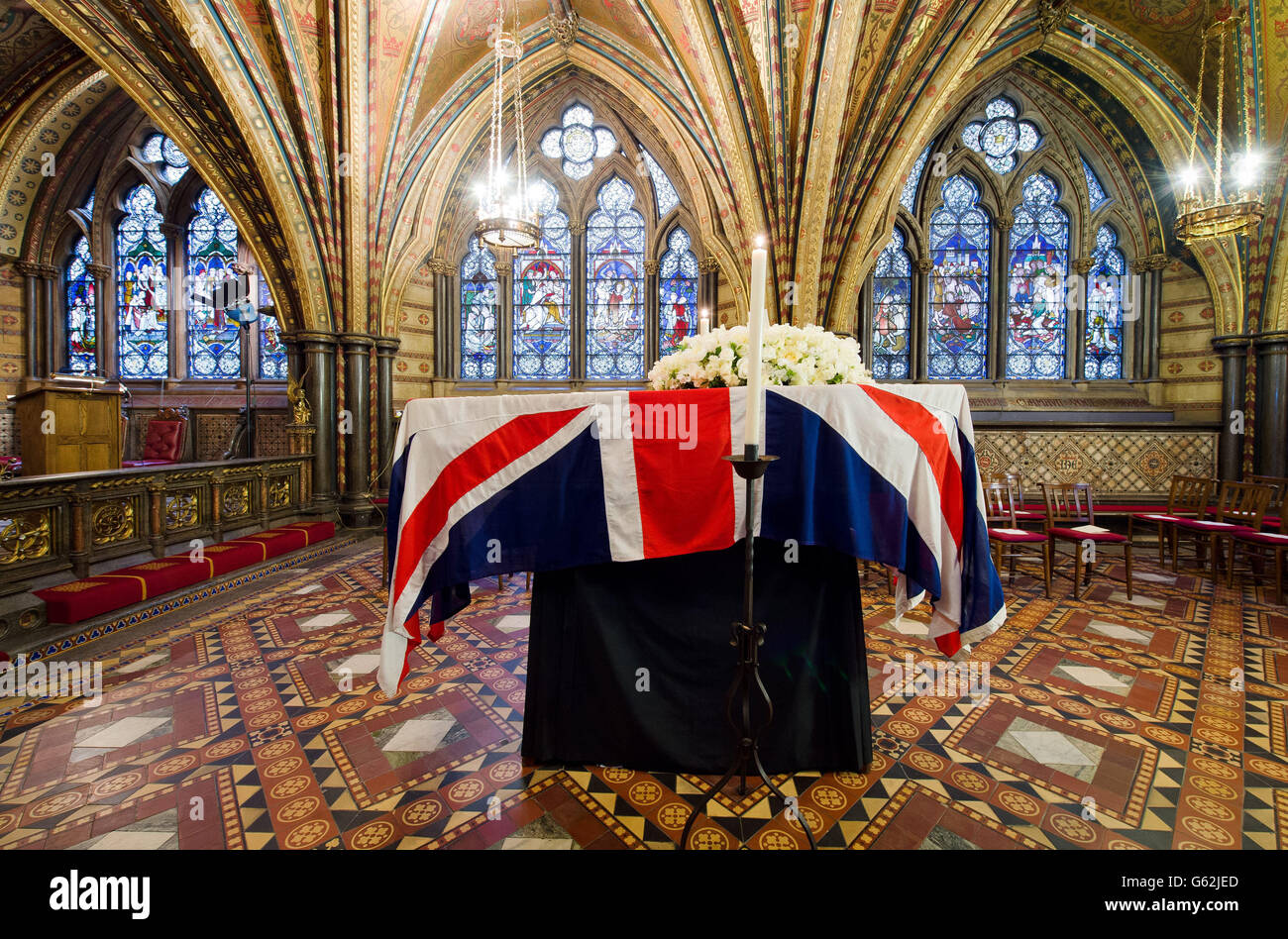 The coffin of Baroness Thatcher rests in the Crypt Chapel of St Mary Undercroft beneath the Houses of Parliament in central London. Stock Photo