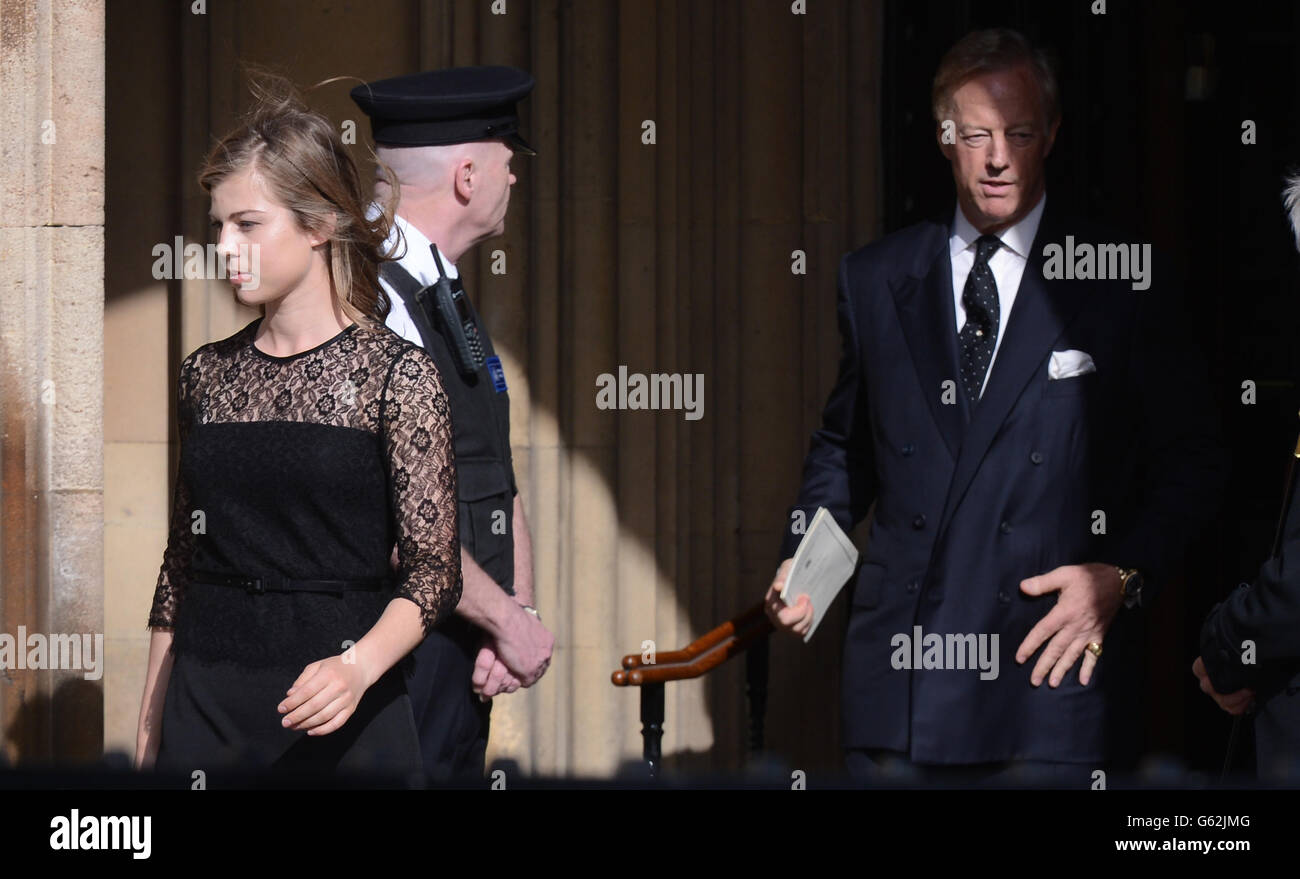 Mark Thatcher, son of former Prime Minister Margaret Thatcher leaves the Houses of Parliament, London, with his daughter Amanda after attending a service in the chapel of St Mary Undercroft where Lady Thatcher will lie until her funeral at St Paul's Cathedral tomorrow. Stock Photo