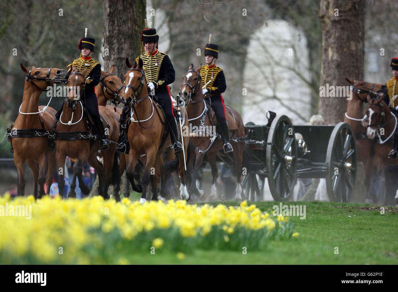 The Kings Troop Royal Horse Artillery perform a 41 Gun Salute in Green Park , Central London to mark Queen Elizabeth II's 87th birthday. Stock Photo