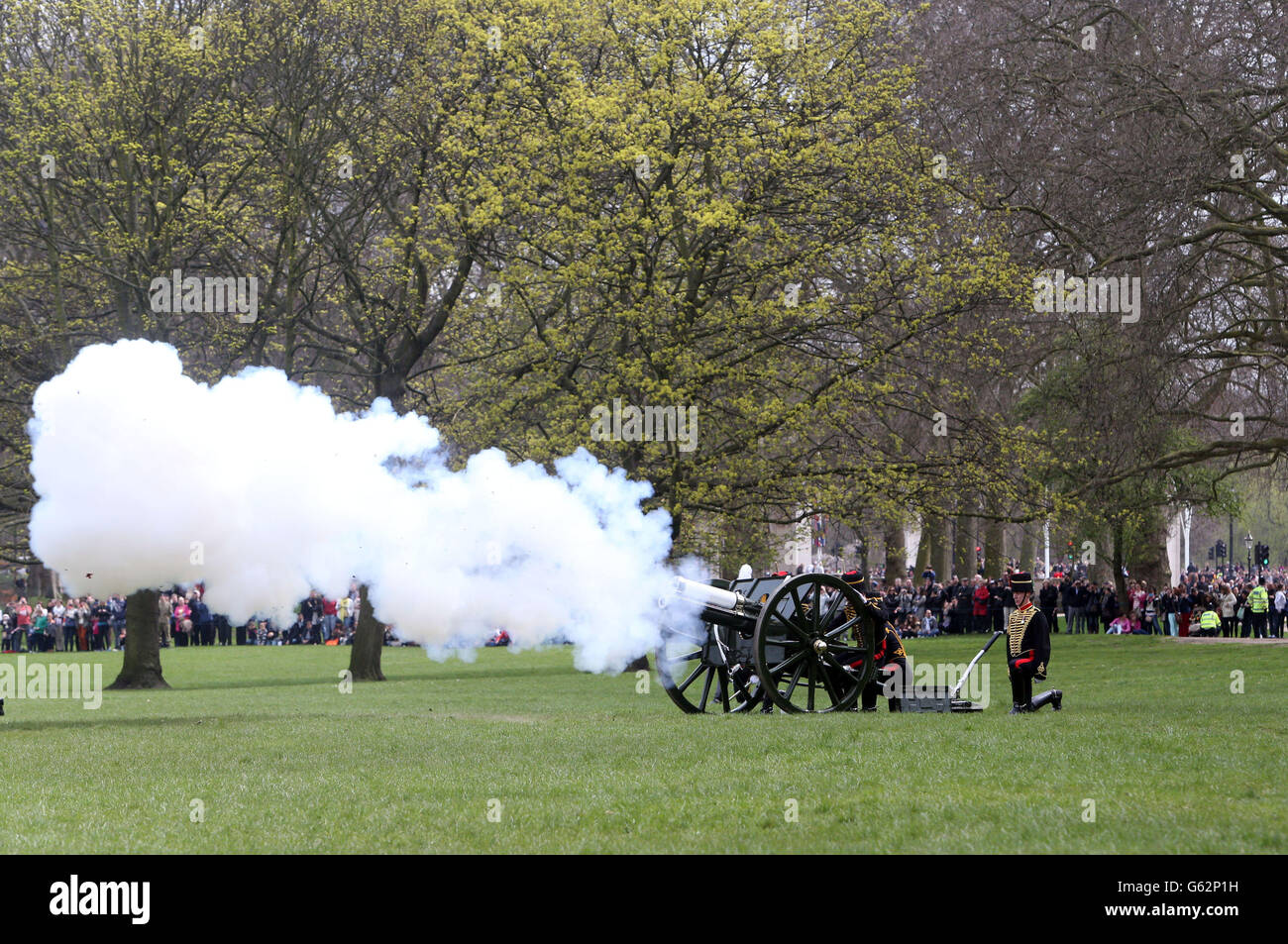 The Kings Troop Royal Horse Artillery perform a 41 Gun Salute in Green Park , Central London to mark Queen Elizabeth II's 87th birthday. Stock Photo