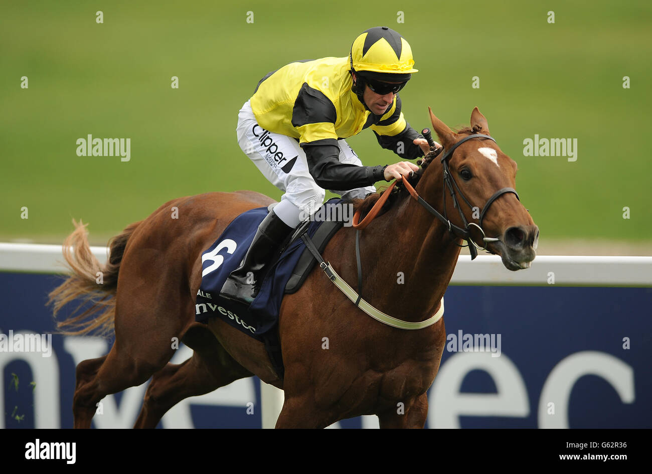 Mirsaale ridden by jockey Neil Callan comes home to win the Investec Derby Trial Stock Photo