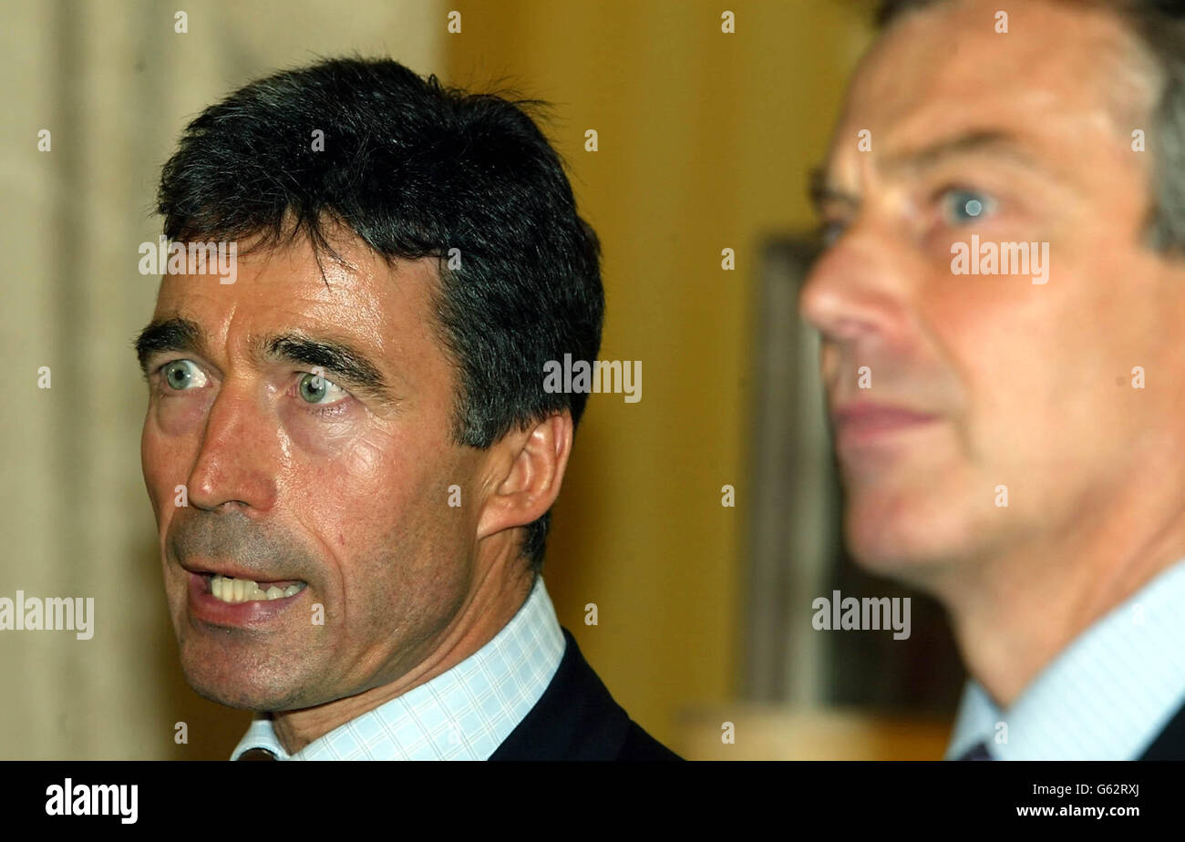 Danish Prime Minister Anders Fogh Rasmussen answers journalist questions with British Prime Minister Tony Blair at a press conference inside No.10 Downing Street, on Europe and the terrorist attack in Bali. Stock Photo