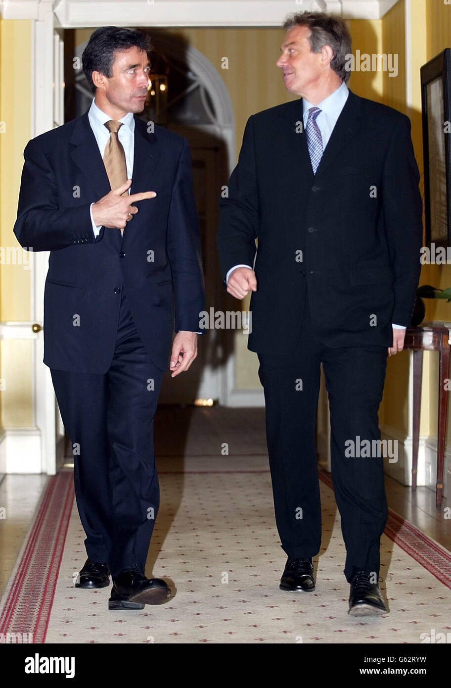 Danish Prime Minister Anders Fogh Rasmussen arrives with British Prime Minister Tony Blair at No.10 Downing Street, London, for a press conference on Europe and the terrorist attack in Bali. Stock Photo