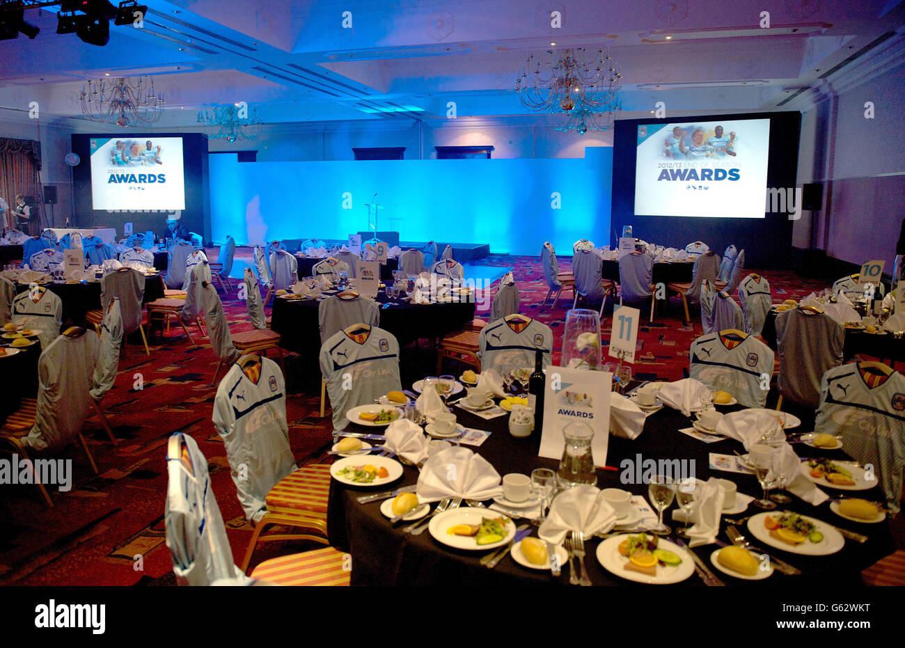 The tables are set ready for the Coventry City awards dinner at the Royal Court Hotel. Stock Photo