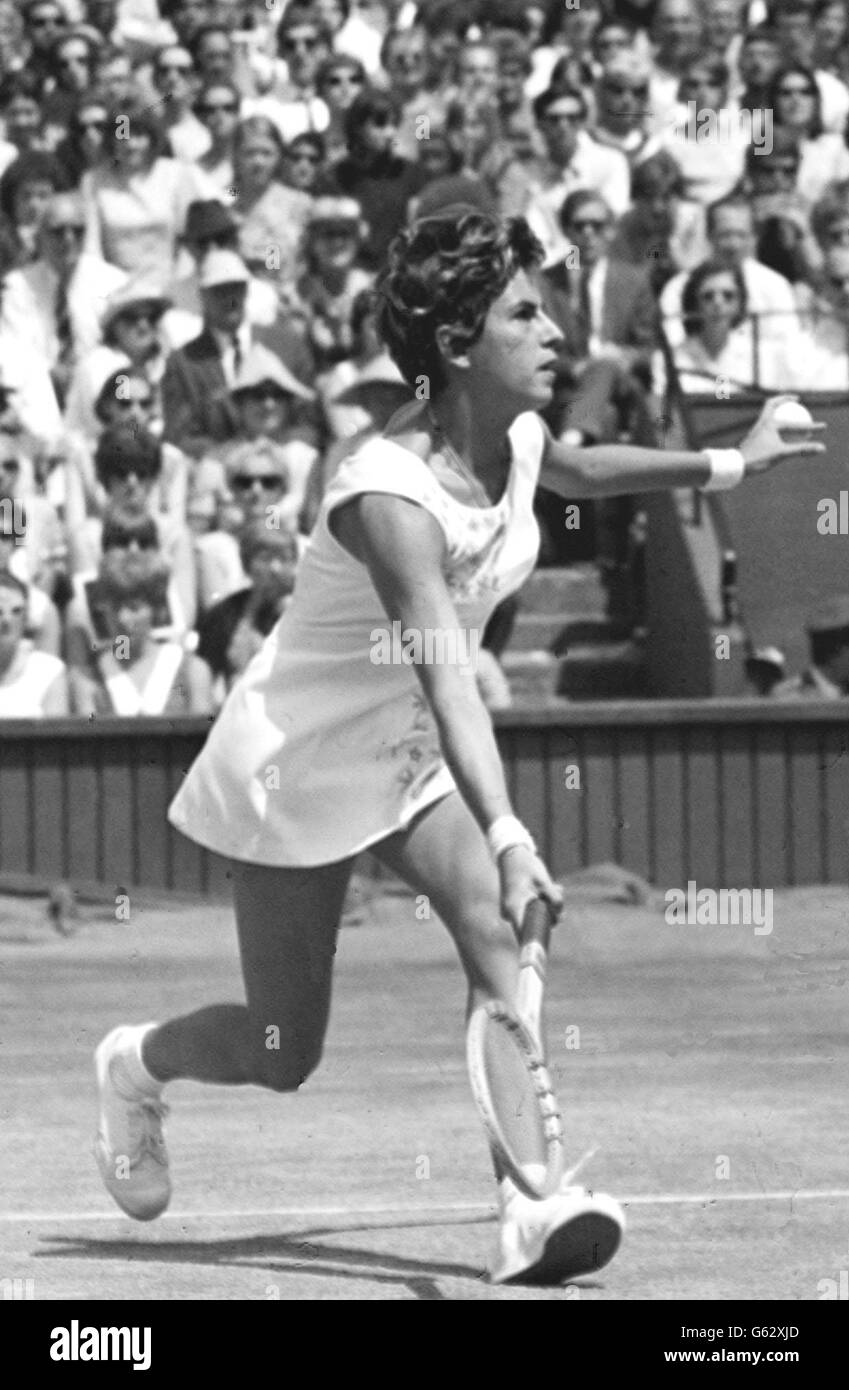 Maria Bueno of Brazil races to a shot from Mrs LW King of USA in the women's singles final on the Centre Court at Wimbledon. Stock Photo