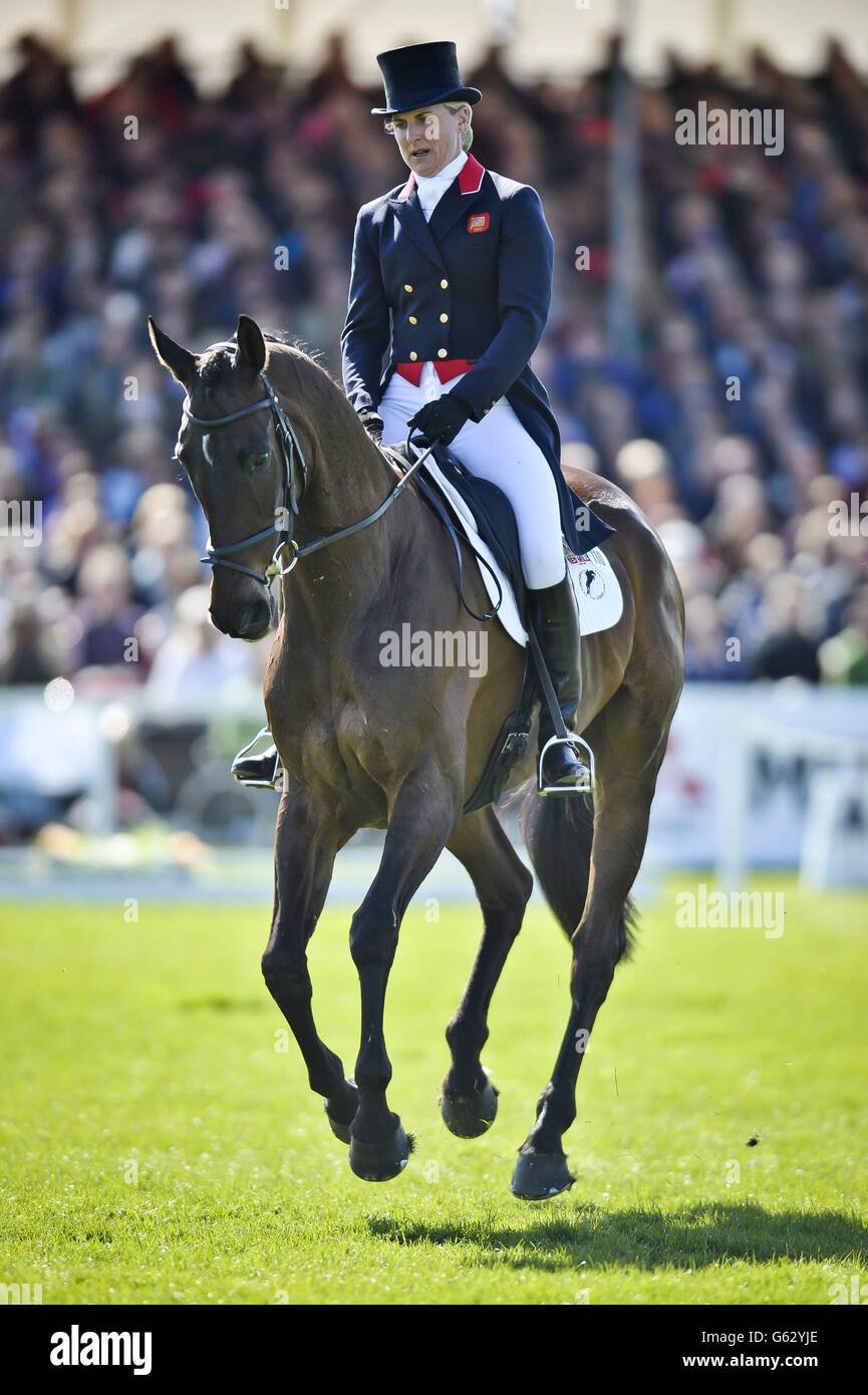 Great Britain's Kristina Cook in action during the dressage on her horse Miners Frolic during day three of the Badminton Horse Trials in Badminton, Gloucestershire. Stock Photo
