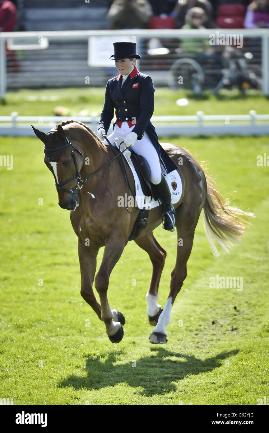 Great Britain's Laura Collett in action during the dressage on her horse Noble Bestman during day three of the Badminton Horse Trials in Badminton, Gloucestershire. Stock Photo