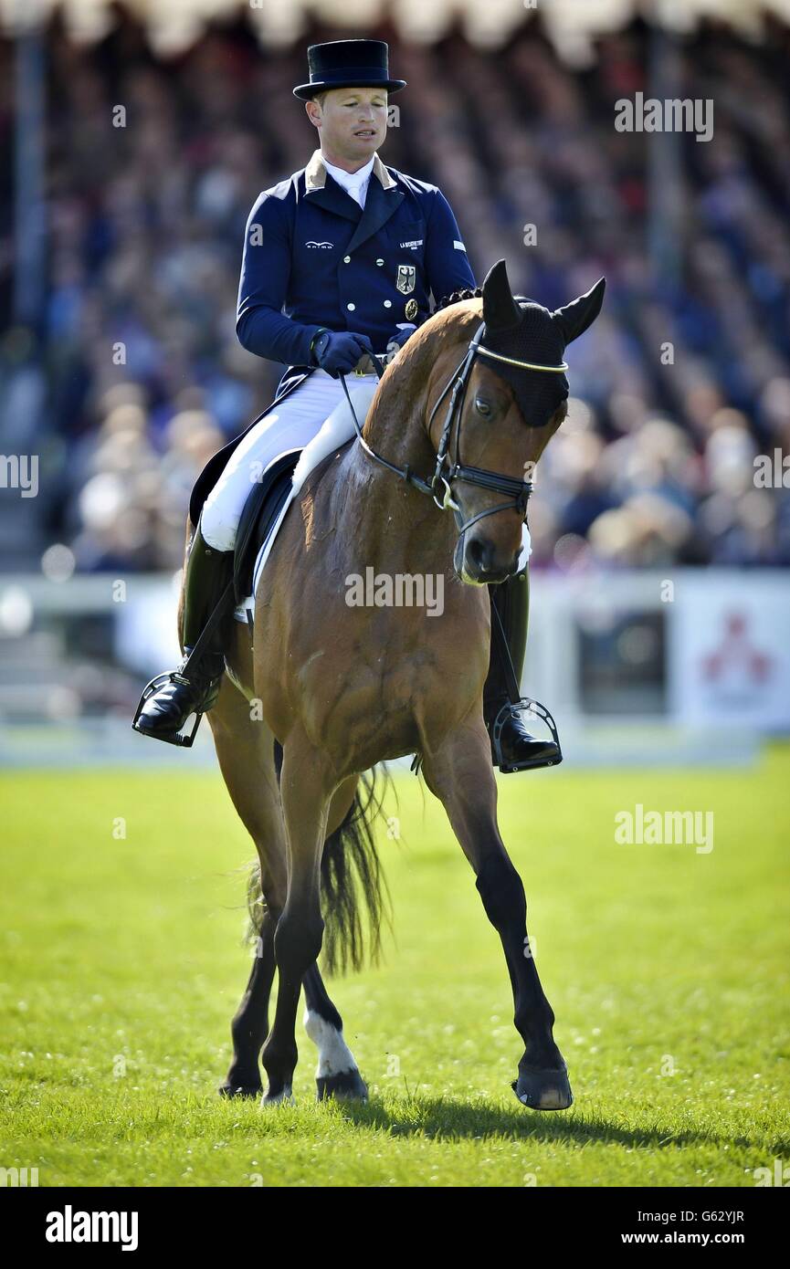 Overall leader in the dressage Germany's Michael Jung in action during the dressage on his horse La Biosthetique during day three of the Badminton Horse Trials in Badminton, Gloucestershire. Stock Photo