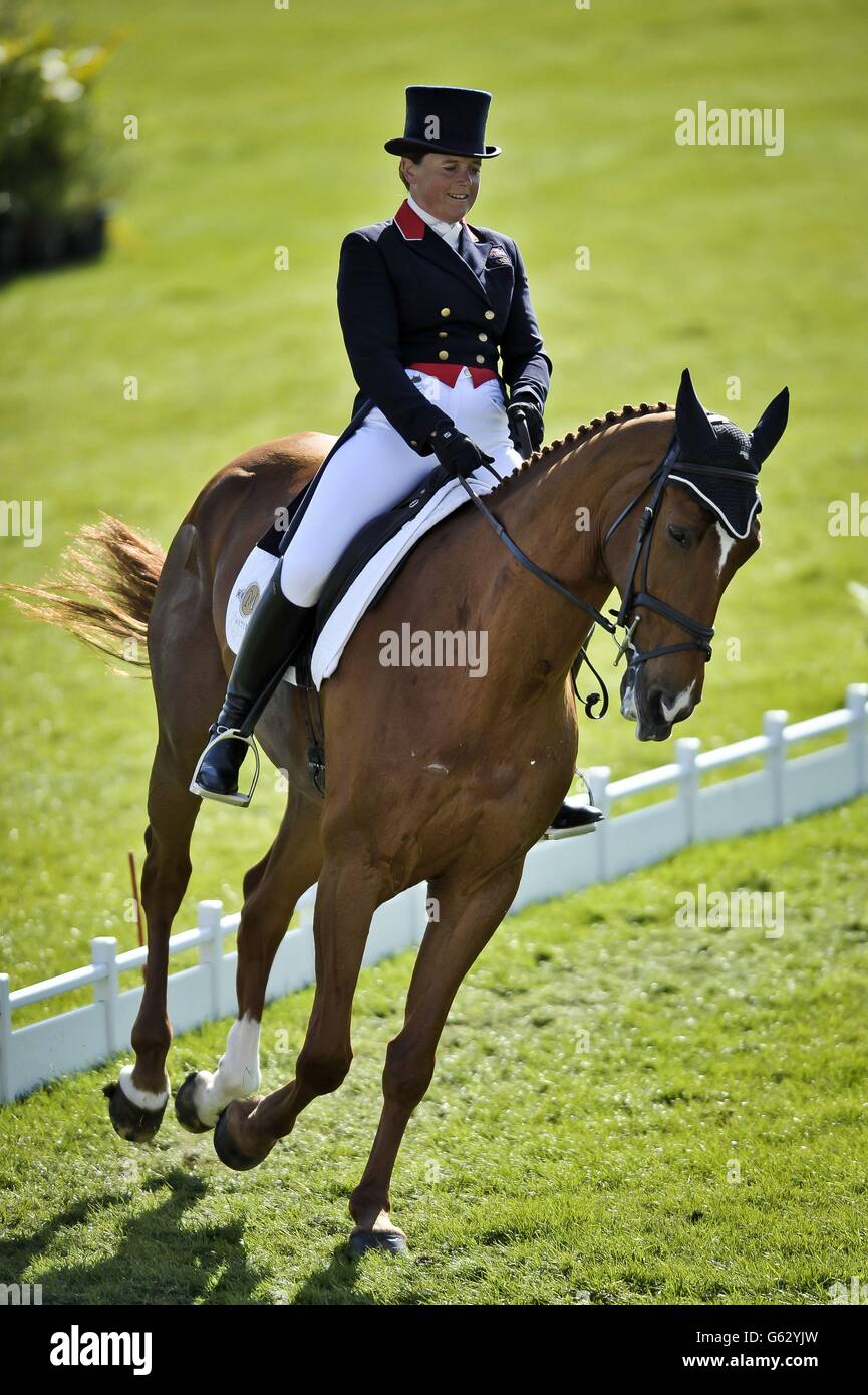 Great Britain's Pippa Funnell in action during the dressage on her horse Redesigned during day three of the Badminton Horse Trials in Badminton, Gloucestershire. Stock Photo