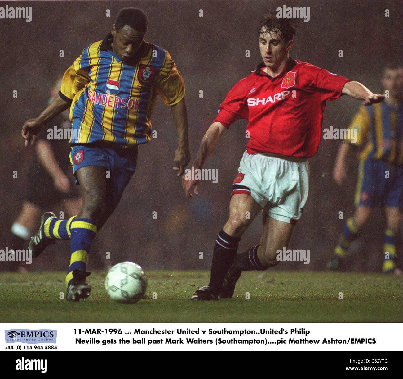 Manchester uniteds philip neville closes on mark walters southampton hi