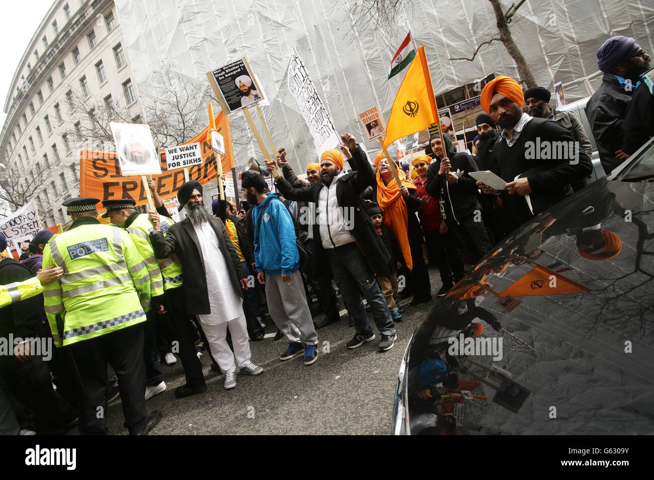 A protest by the Federation of Sikh Organisations UK against the death penalty for Professor Davinderpal Singh Bhullar - who is sentenced to death by hanging by the Supreme Court of India - outside the High Commission of India on Aldwych, central London. Stock Photo