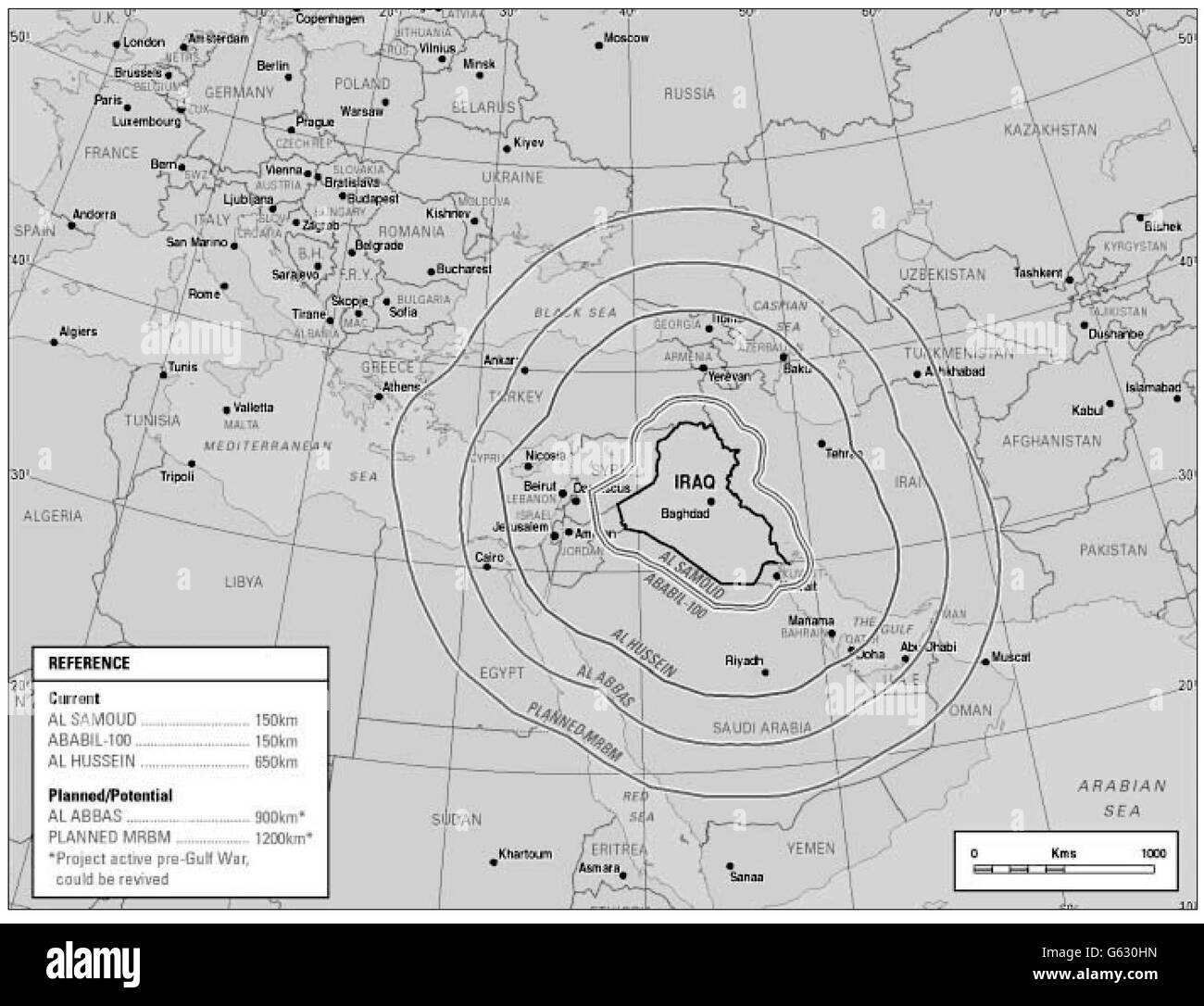 Picture from the British Government dossier of evidence against Iraqi President Saddam Hussein showing the range of the country's current and planned / potential ballistic missiles. * The document states that Iraq has constructed a new engine test stand for the development of missiles capable of reaching the UK Sovereign Base Areas in Cyprus and NATO members(Greece and Turkey),as well as all Iraq s Gulf neighbours and Israel. 14/07/2004 Lord Butler's inquiry into intelligence failings in the run-up to war in Iraq is being published later Wednesday July 14, 2004. Stock Photo