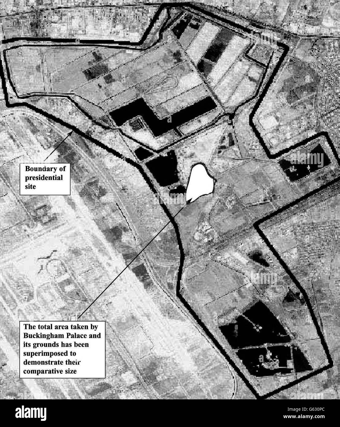 Photograph from the dossier of evidence against Saddam Hussein published by the British Government of one of eight 'presidential sites' or what have been called 'palaces' from which it says UNSCOM inspectors have been banned by the Iraqis. * on the grounds they are sovereign. The report says that many of these so-called palaces are in fact large compounds which are an integral part of Iraqi counter-measures designed to hide weapons material. Stock Photo