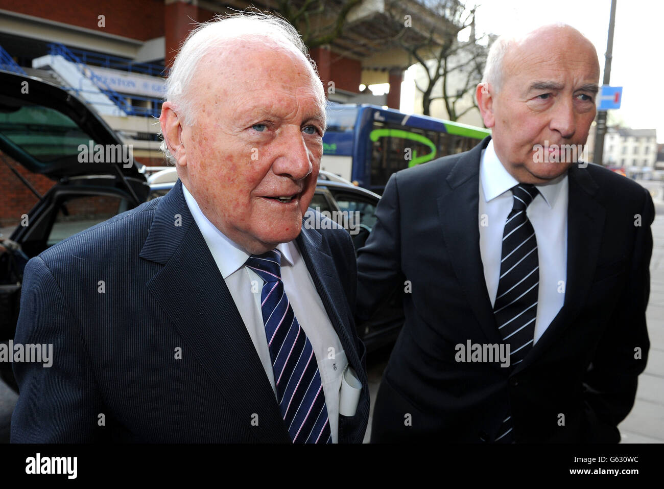 Former TV presenter Stuart Hall (left) arrives at The Sessions House Crown Court, Preston with solicitor Maurice Watkins (right). Stock Photo