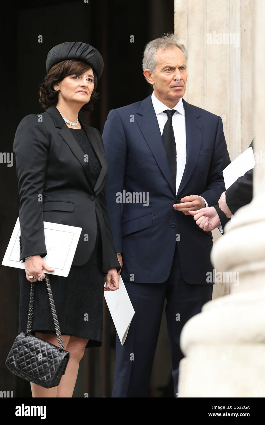 Former Prime Minister Tony Blair and his wife Cherie Blair leave the Ceremonial funeral of former British Prime Minister Baroness Thatcher at St Paul's Cathedral. Stock Photo