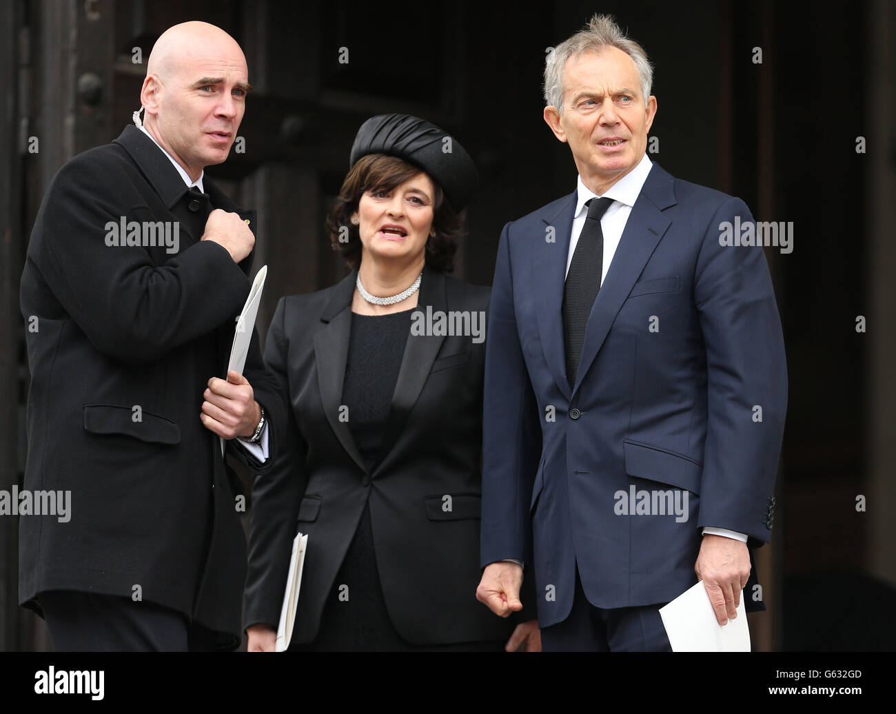 Former Prime Minister Tony Blair and his wife Cherie Blair leave the Ceremonial funeral of former British Prime Minister Baroness Thatcher at St Paul's Cathedral. Stock Photo