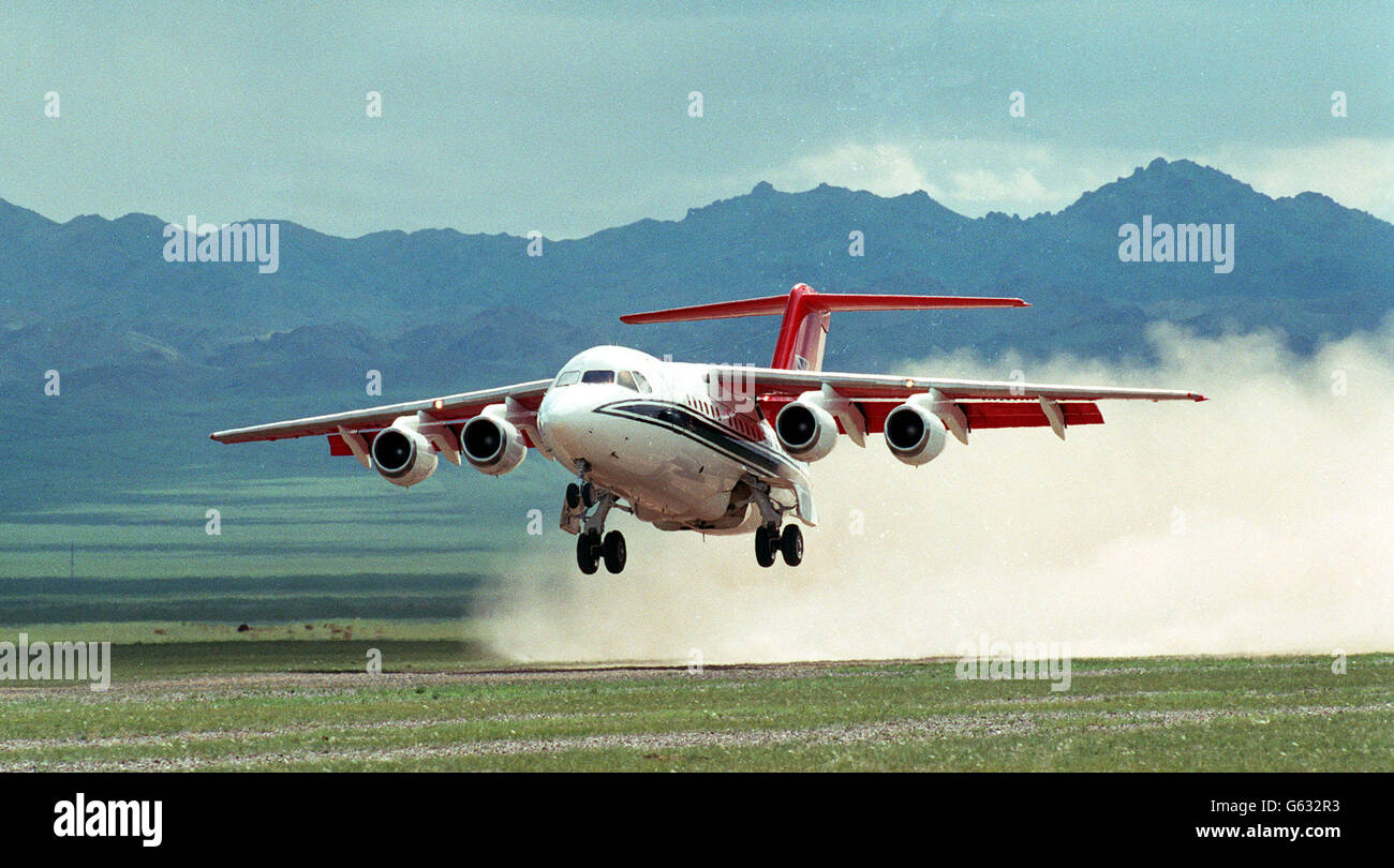 A BAE 146 of the Queen's flight landing in Mongolia during the Princess Royal's tour. Stock Photo