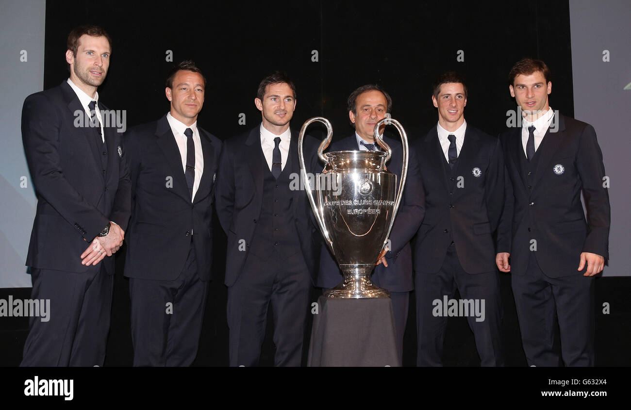 (Left to right) Chelsea's Petr Cech, John Terry, Frank Lampard, UEFA President Michel Platini, Fernando Torres and Branislav Ivanovic during the UEFA Champions League Trophy Handover at Banqueting House, London. Stock Photo