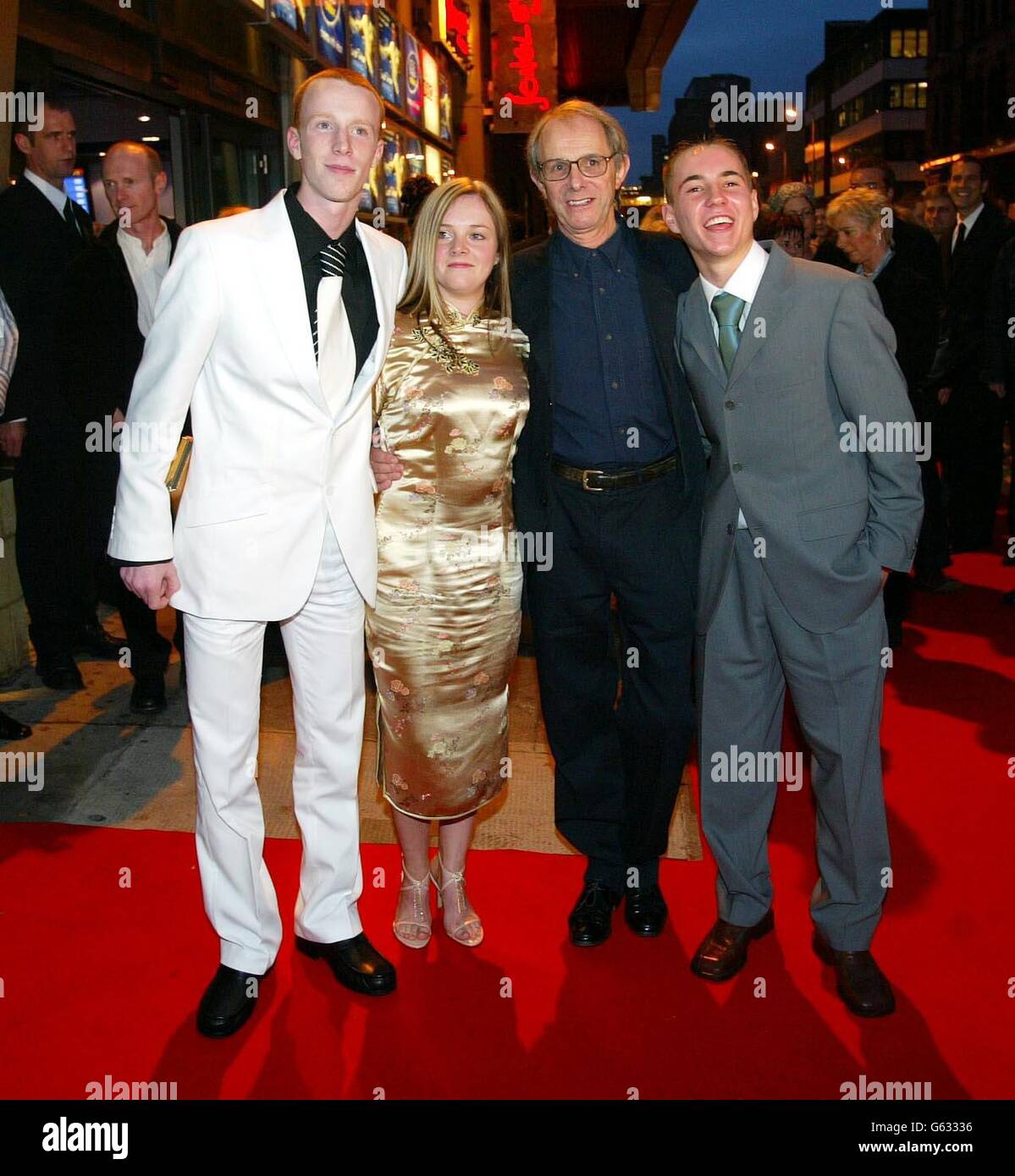 (l/r) William Ruane with Annemarie Fulton, Ken Loach, and Martin Compston, arriving at the UK Premiere of British Director Ken Loach's new film Sweet Sixteen, at the UGC Cinema, Glasgow. * The Scottish film about a 16-year-old boy who dreams of a family life that he has never had. Stock Photo