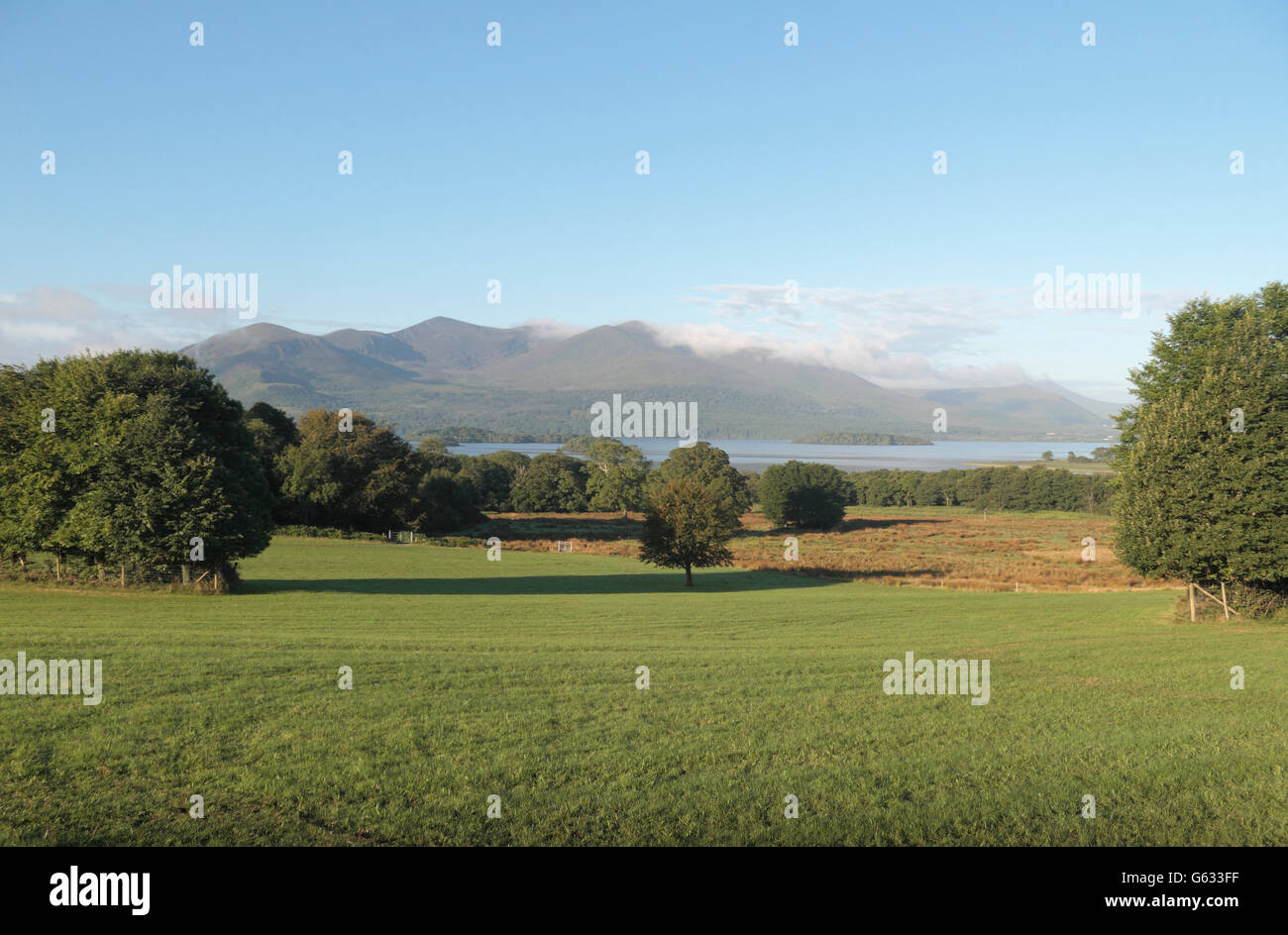 Stunning views of the hills and lakes (Lough Leane from The Demesne) of Killarney National Park, Co. Kerry, Ireland. Stock Photo