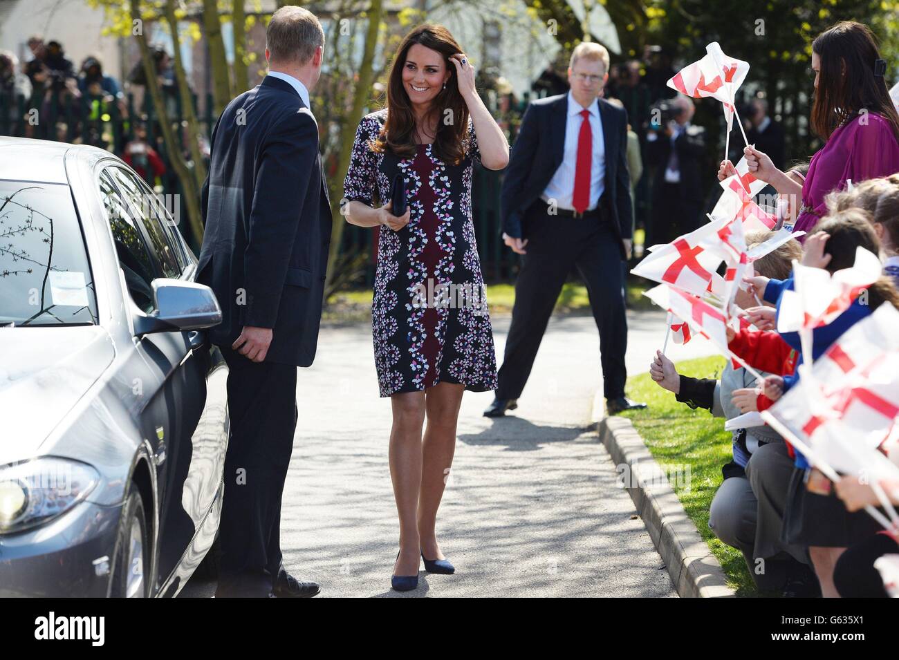 The Duchess of Cambridge arrives at The Willows Primary School, Wythenshawe, Manchester to launch a new school counselling programme to help combat the effects of drug and alcohol addiction. Stock Photo