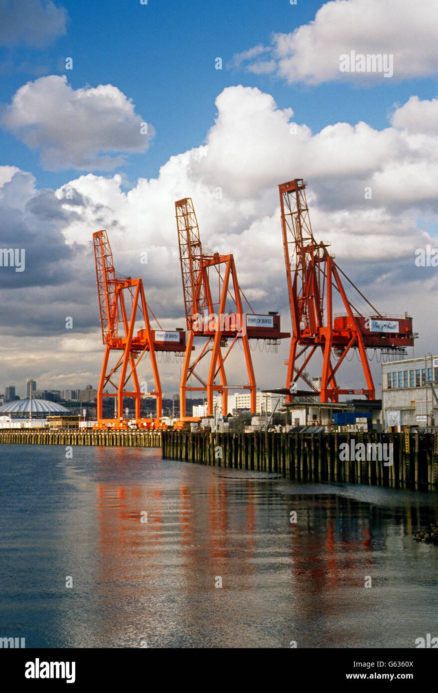 Large cranes used to load container ships; Port of Seattle; Seattle; Washington; USA Stock Photo
