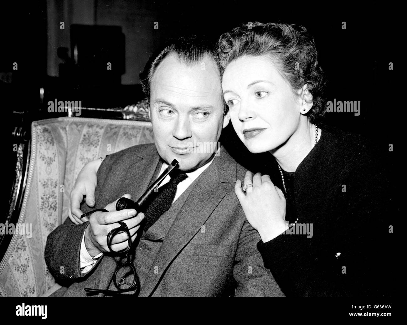 For the first time since Christmas 1951 when she appeared in 'The Holly and the Ivy', actress Phyllis calvert is to be seen in a full-length BBC television play. She is pictured rehearsing with co-star Derek Farr at the Television Centre, London for the production of Roger MacDougall's comedy 'Escapade'. Stock Photo