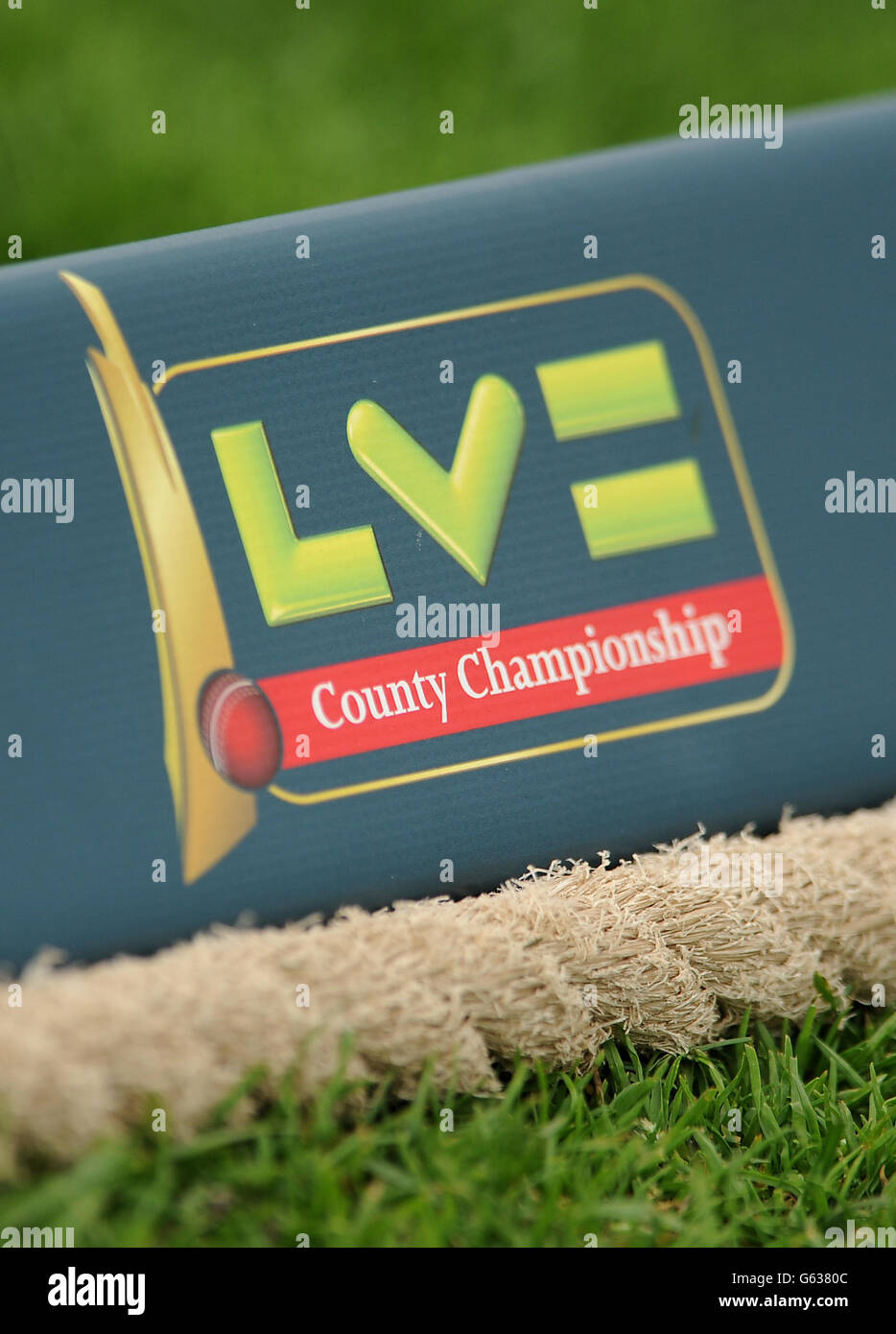 Cricket - LV= County Championship Division One - Day One - Somerset v Warwickshire - County Ground. Detailed view of Liverpool Victoria LV= branding on a boundary rope toblerone Stock Photo