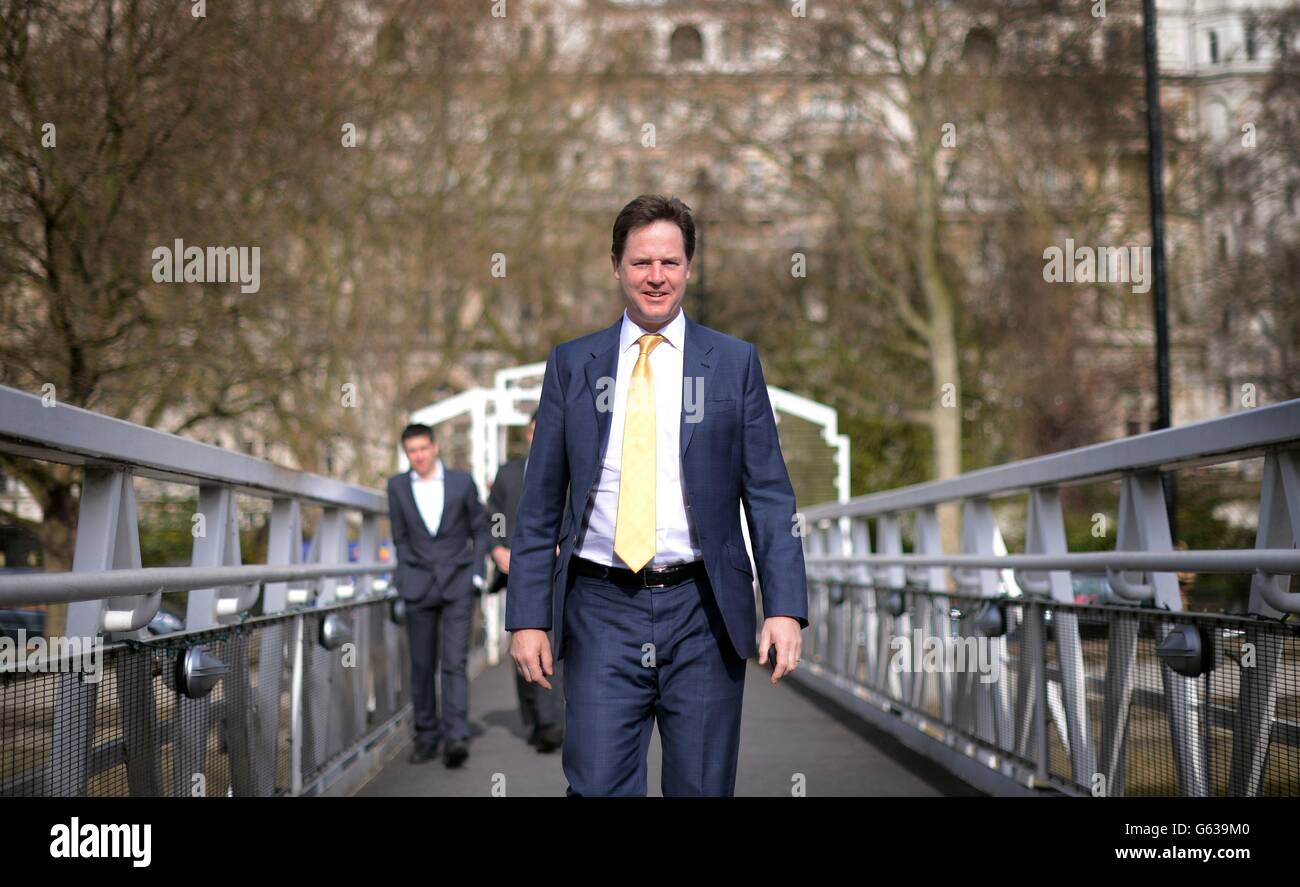 Deputy Prime Minister Nick Clegg arrives to co-host his weekly phone in radio show with LBC's Nick Ferrari on the moored boat the Tattersall Castle on the River Thames in London, where he was questioned by voters. Stock Photo