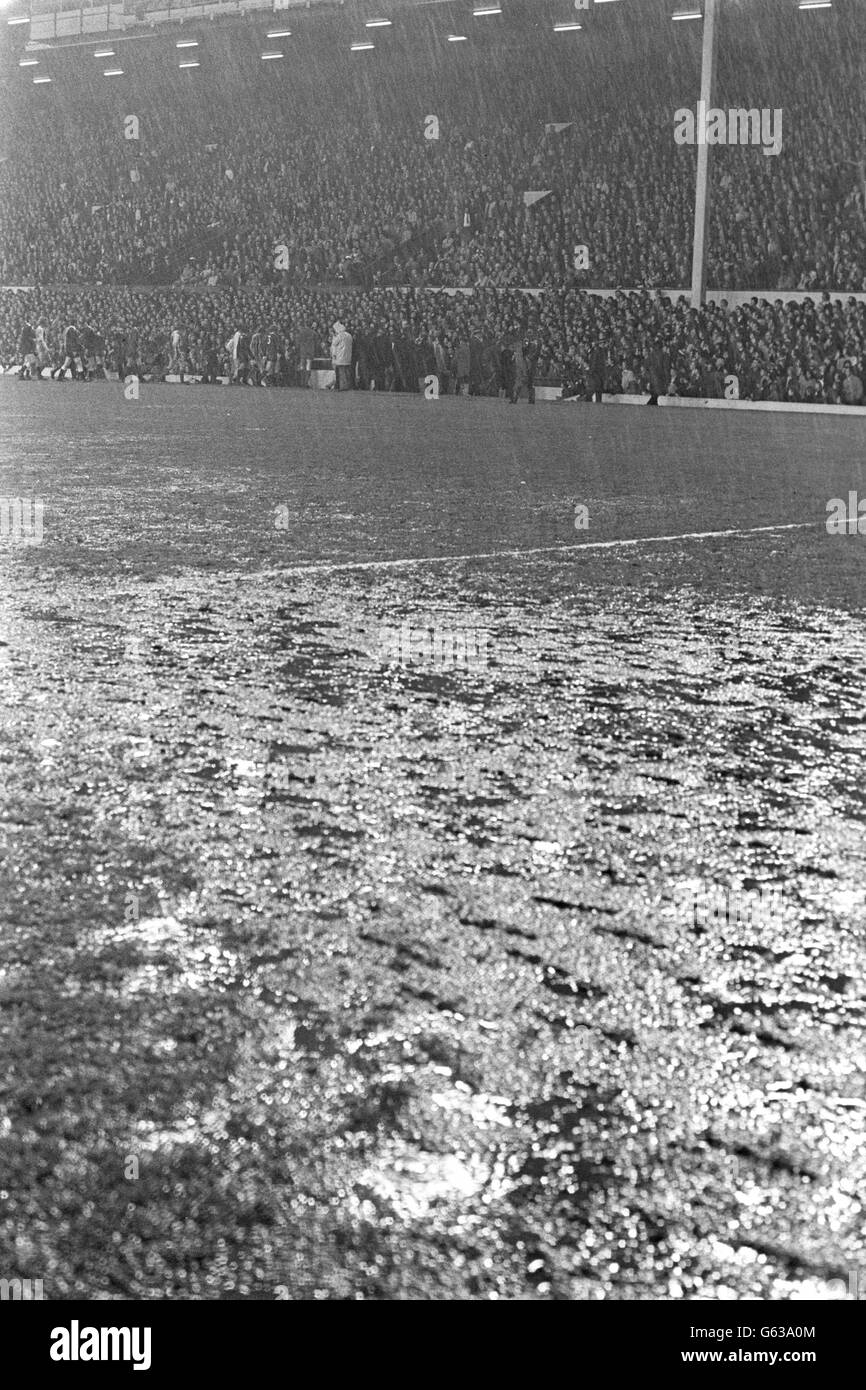 The flooded Anfield pitch after torrential rain which caused the abandonment of Liverpool's first leg of the UEFA Cup final against Borussia Monchengladbach, of West Germany. The game was halted after 27 minutes. Stock Photo