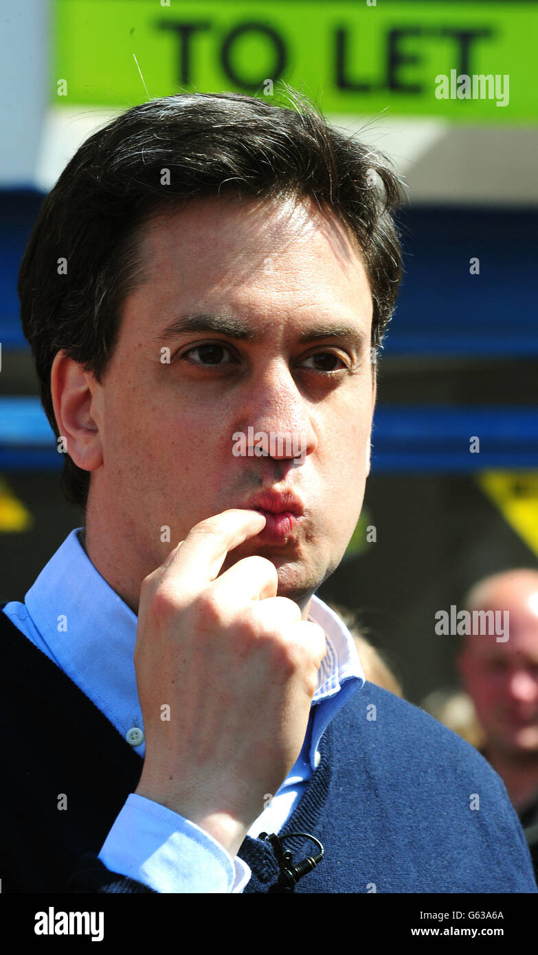 Labour Leader Ed Miliband in Long Eaton's High Street, Nottinghamshire while on the local election campaign trail. Stock Photo
