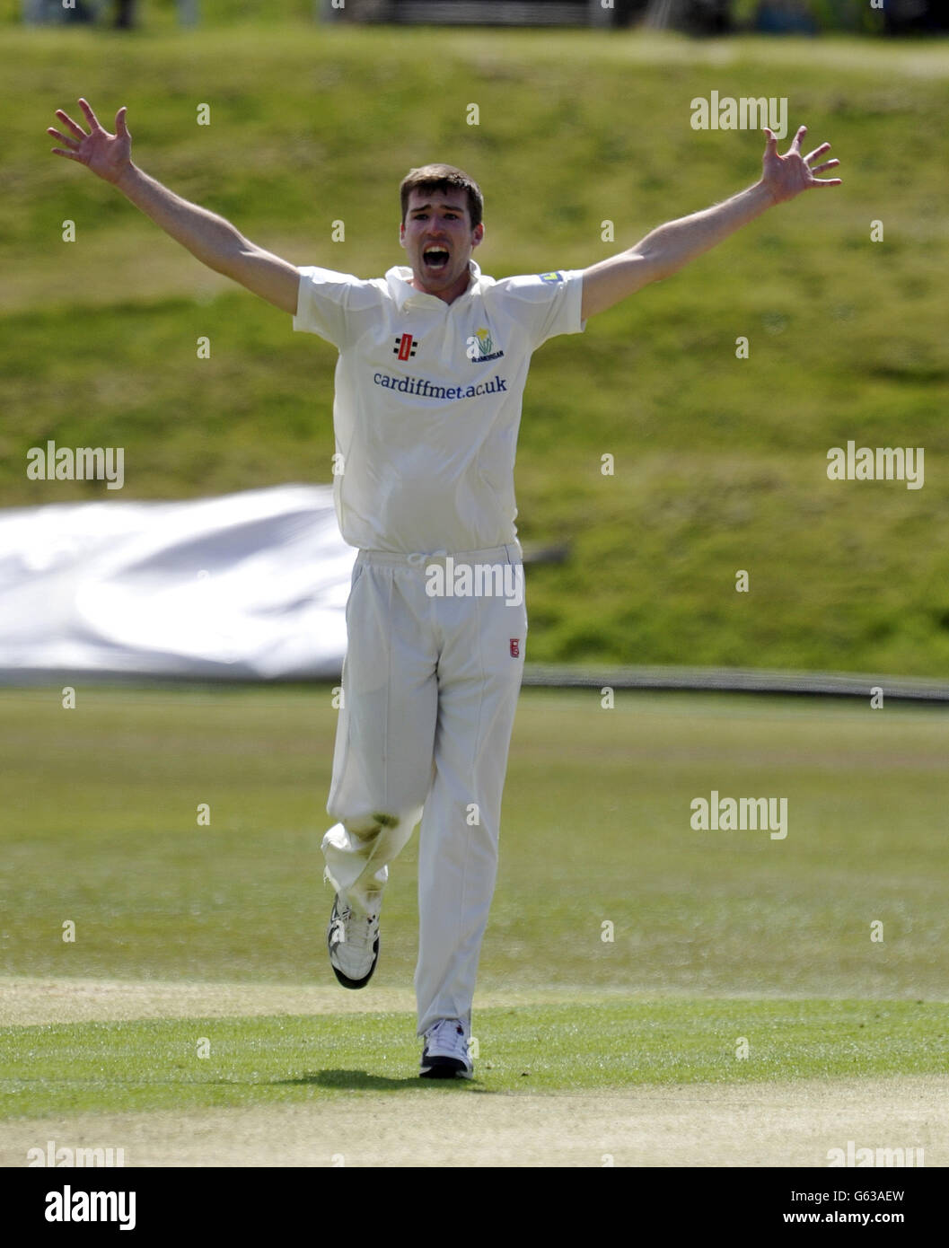 Glamorgan's John Glover successfully appeals for LBW during the LV County Chamionship, Division Two match at the Colwyn Bay Cricket Club, Colwyn Bay. Stock Photo