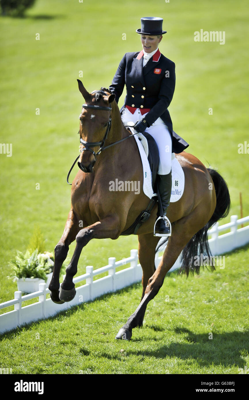 Zara Phillips in action during the dressage on her horse High Kingdom during day three of the Badminton Horse Trials in Badminton, Gloucestershire. Stock Photo