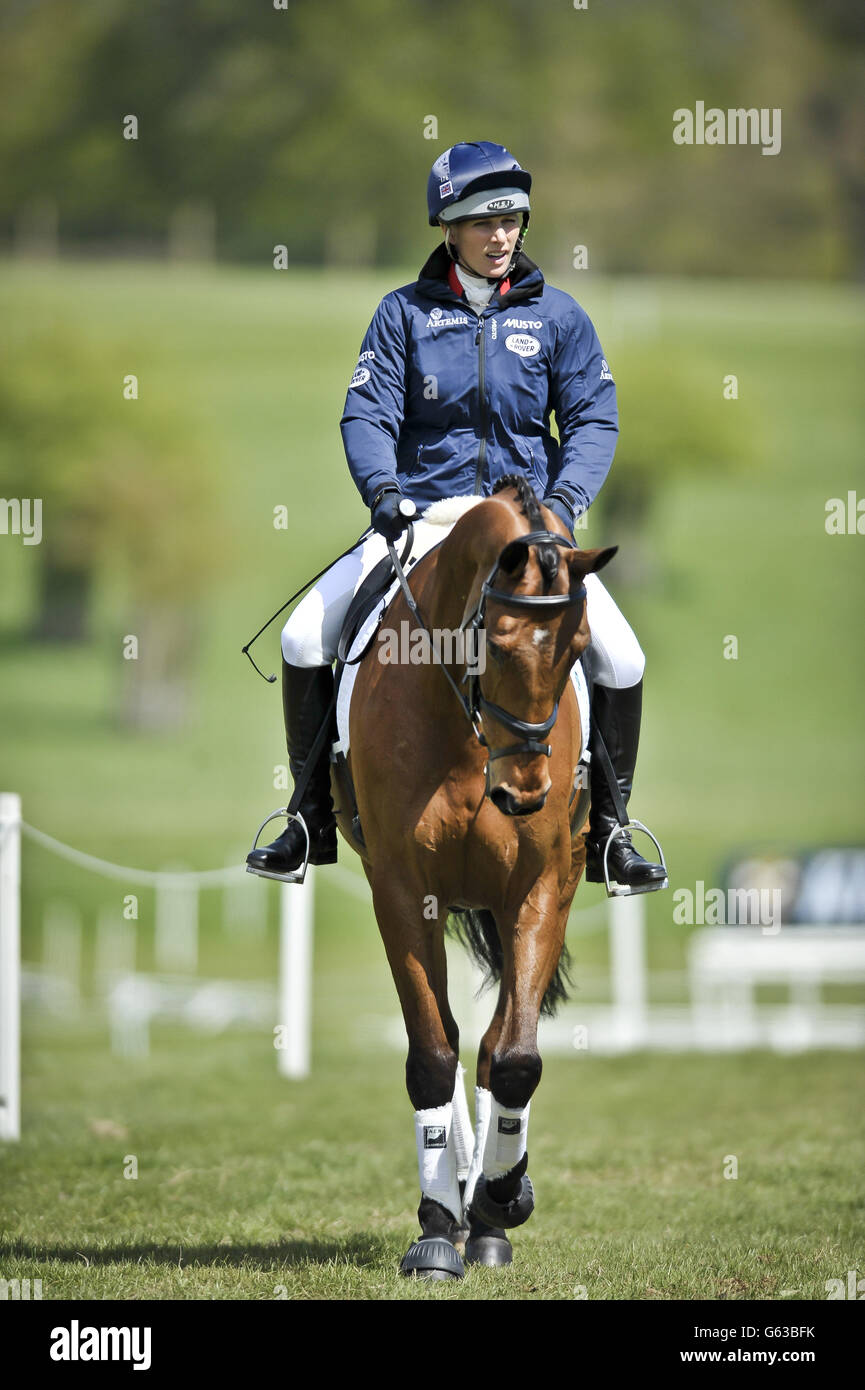 Zara Phillips on her horse High Kingdom after practicing for her entry in the dressage during day three of the Badminton Horse Trials in Badminton, Gloucestershire. Stock Photo