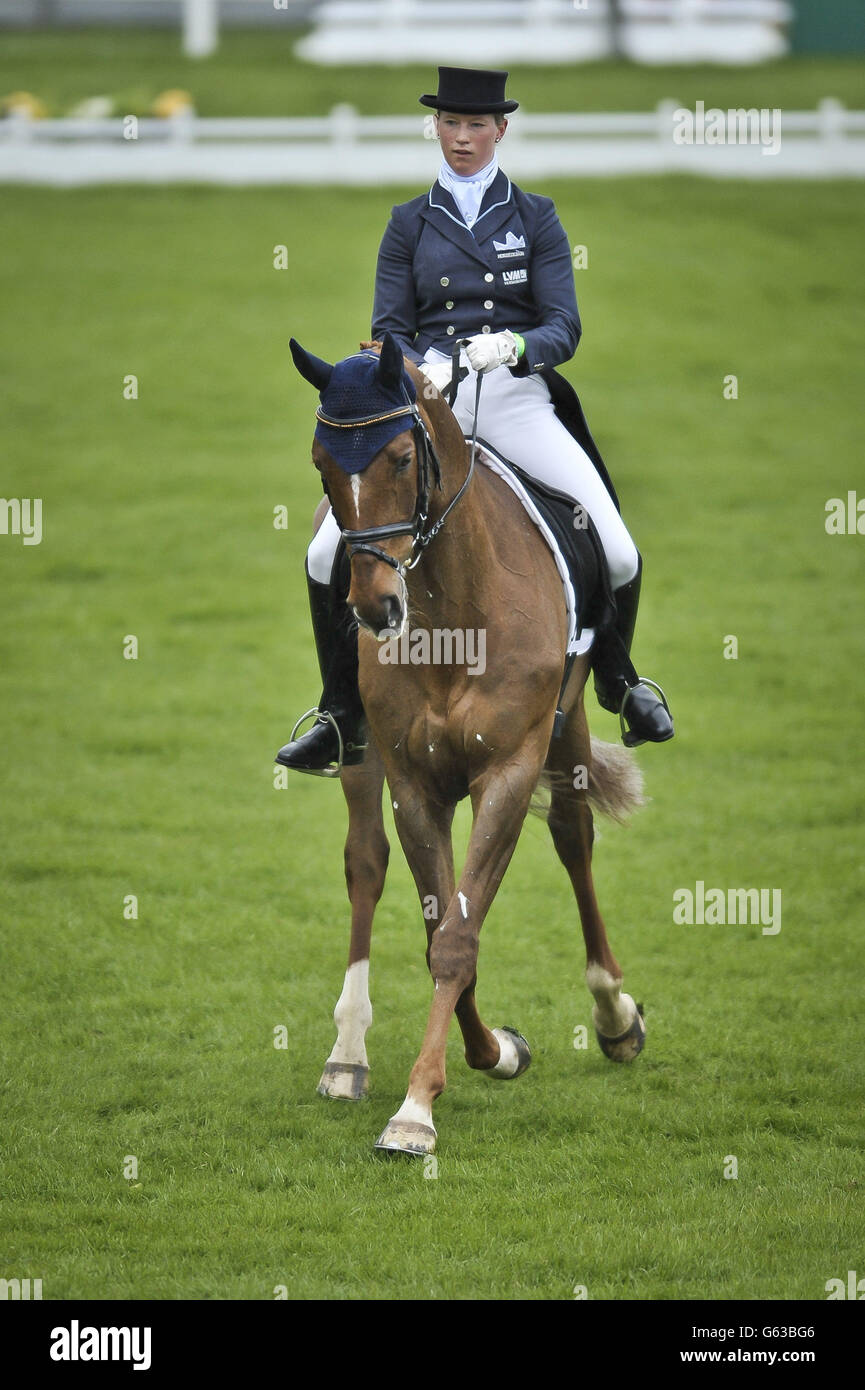 Germany's Sandra Auffarth in action during the dressage on her horse Opgun Louvo during day three of the Badminton Horse Trials in Badminton, Gloucestershire. Stock Photo