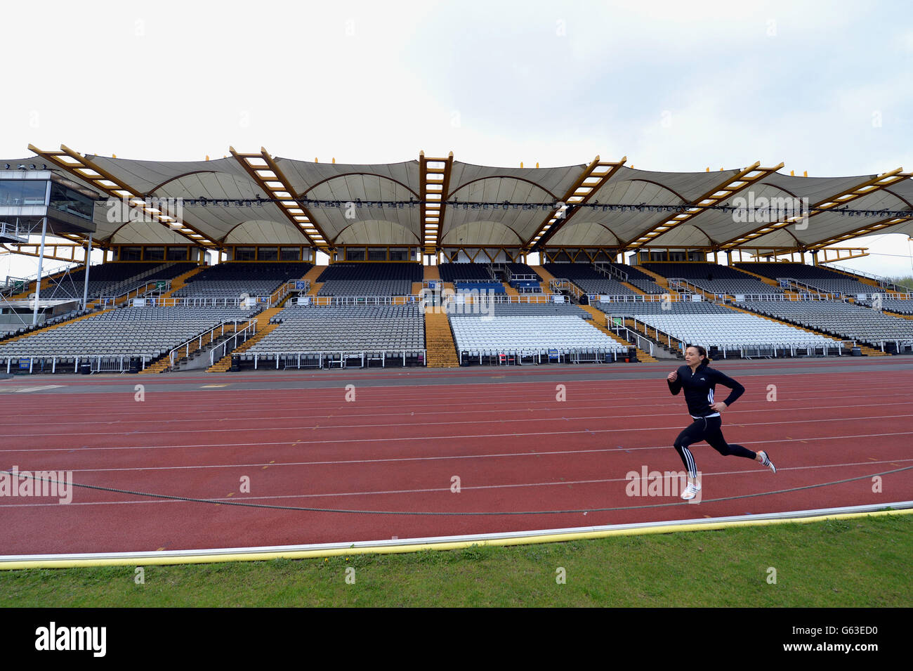 **PHOTO.** Olympic Heptathlon Champion Jessica Ennis trains in the Don Valley Stadium, Sheffield. Stock Photo