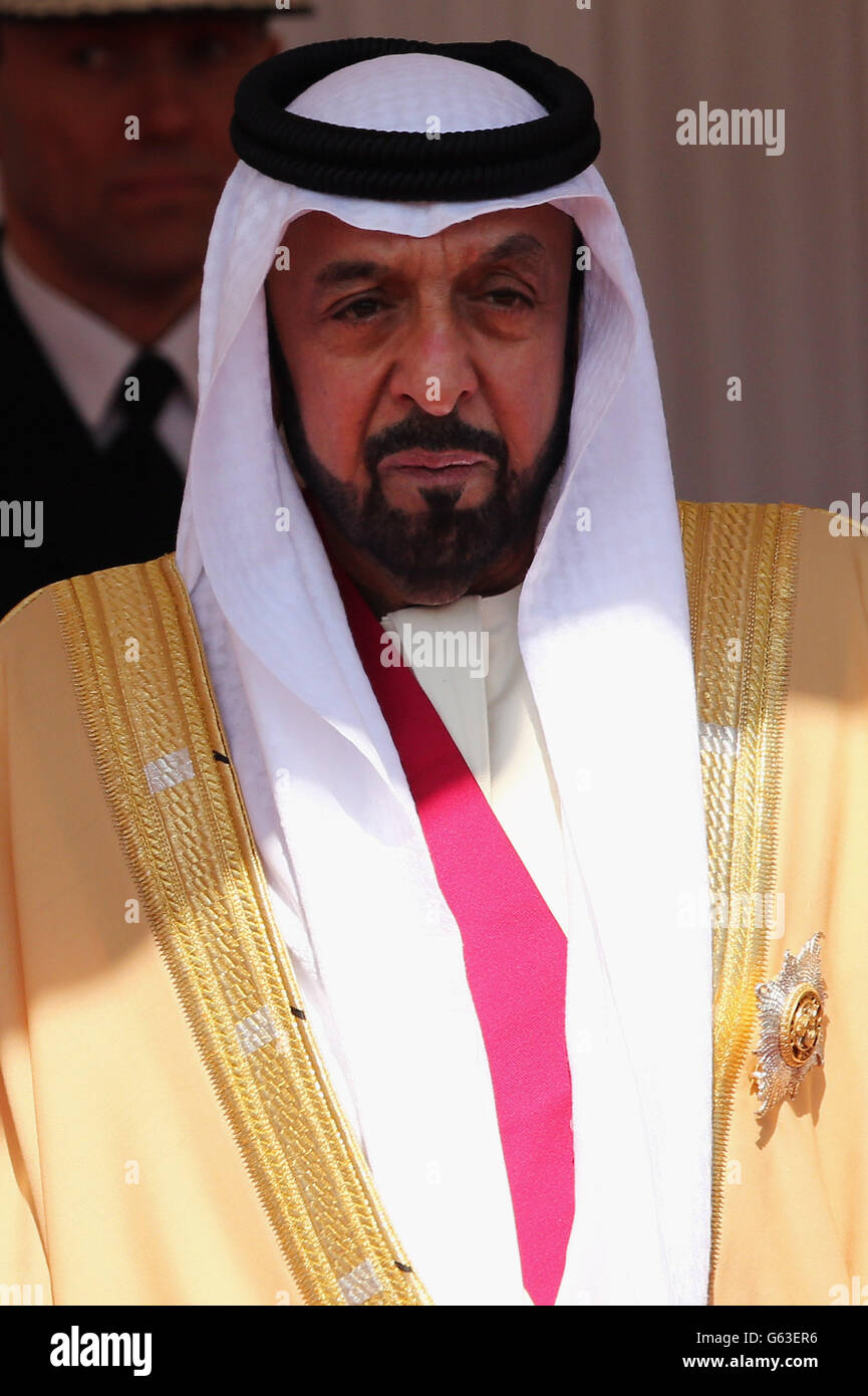 The President of the United Arab Emirates, His Highness Sheikh Khalifa bin  Zayed Al Nahyan on the Royal Dais in Windsor, as he begins a State Visit to  the UK Stock Photo -