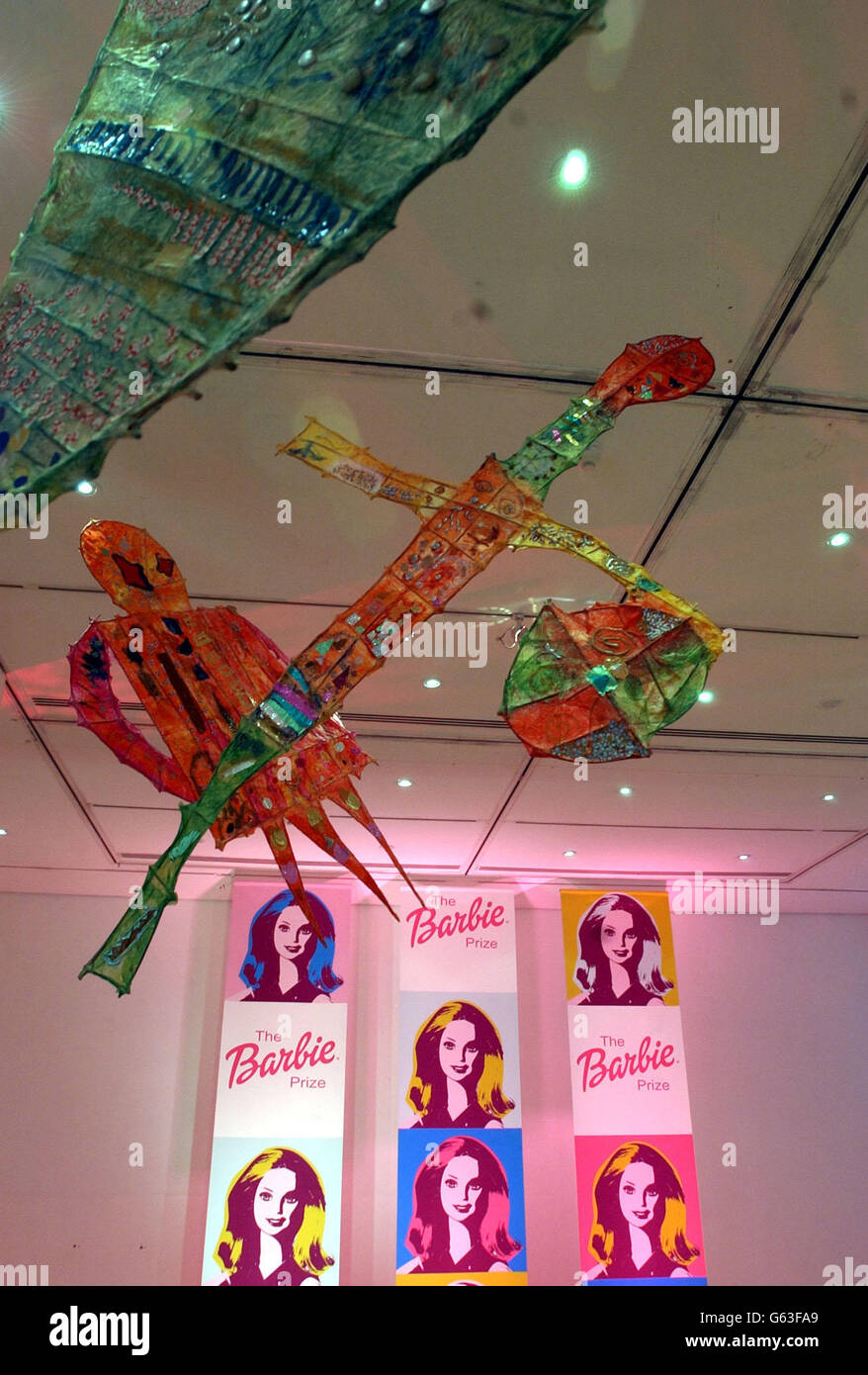 Kites made by children from Tarvin Primary School in Cheshire on show during The Barbie Prize shortlisted exhibition at the Royal College of Art, London. Five schools are on the shortlist for the winning prize of 20,000. Stock Photo