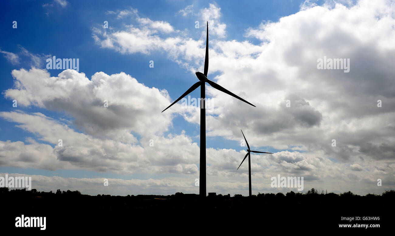 The first two, of an eventual ten, turbines at RWE npower renewables 20.5MW Bradwell wind farm, on the Dengie peninsula in Essex, which have started generating electricity ahead of a pending 10% cut in government supports. Stock Photo