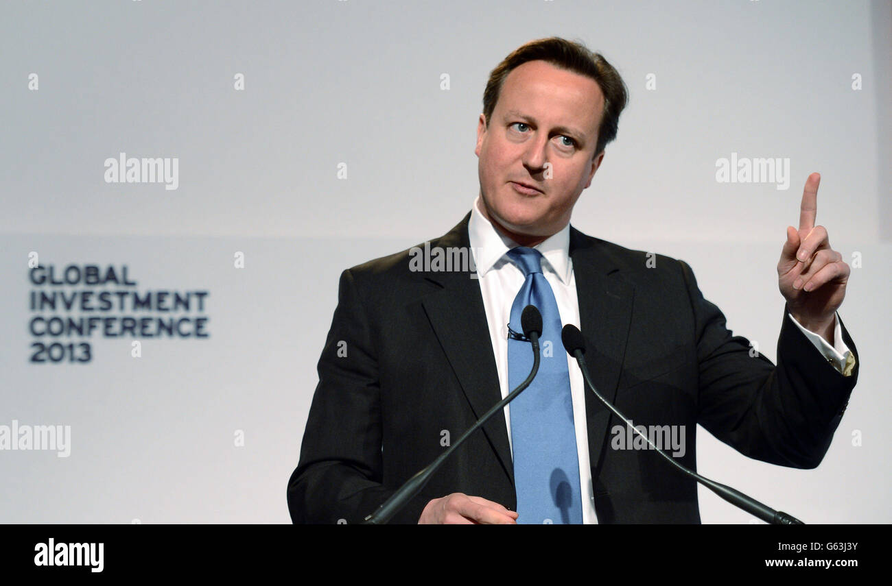 Prime Minister David Cameron addresses the Global Investment Conference in London today hosted by UK Trade and Investment. Stock Photo